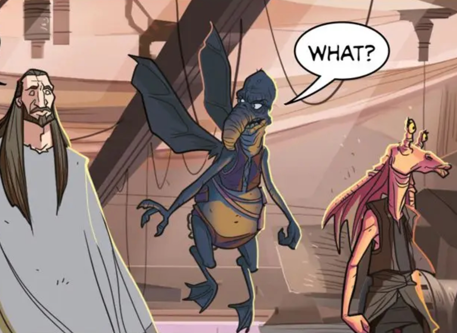 Qui-Gon Jinn & Watto in a Star Wars comic panel: "What?"