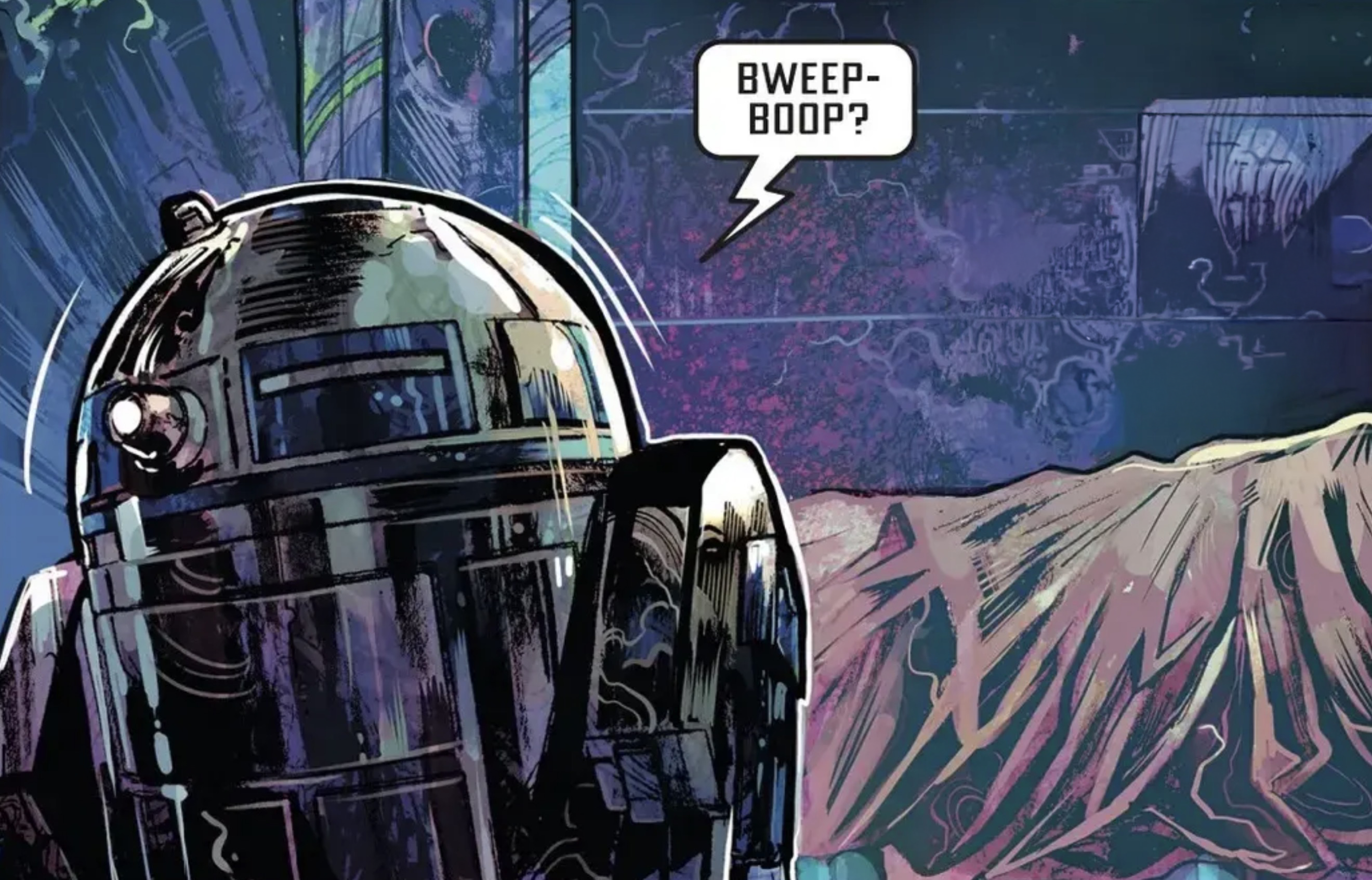 R2-D2 in a Star Wars comic panel: "Bweep-boop?"