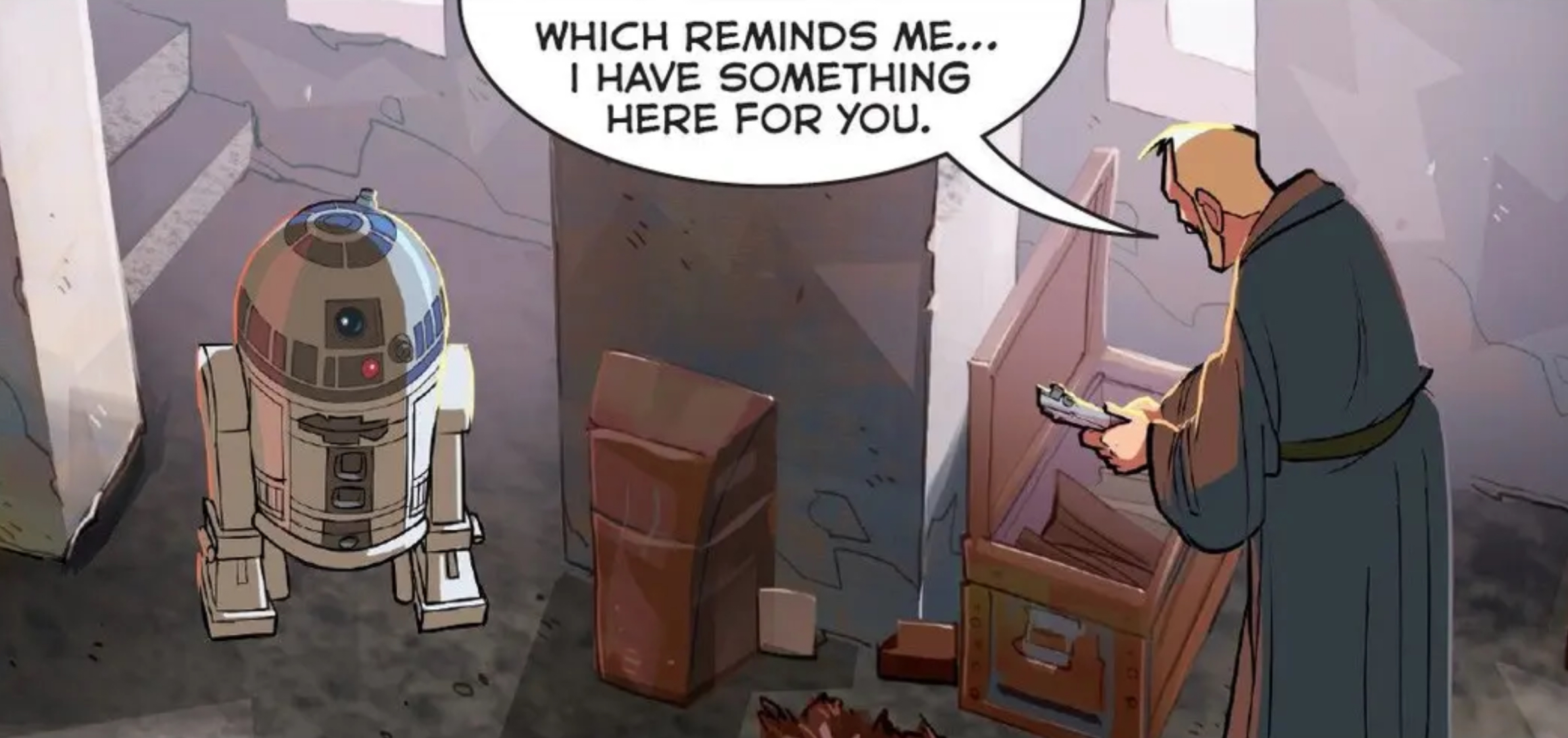 Obi-Wan Kenobi & R2-D2 in a Star Wars comic panel: "Which reminds me... I have something here for you."