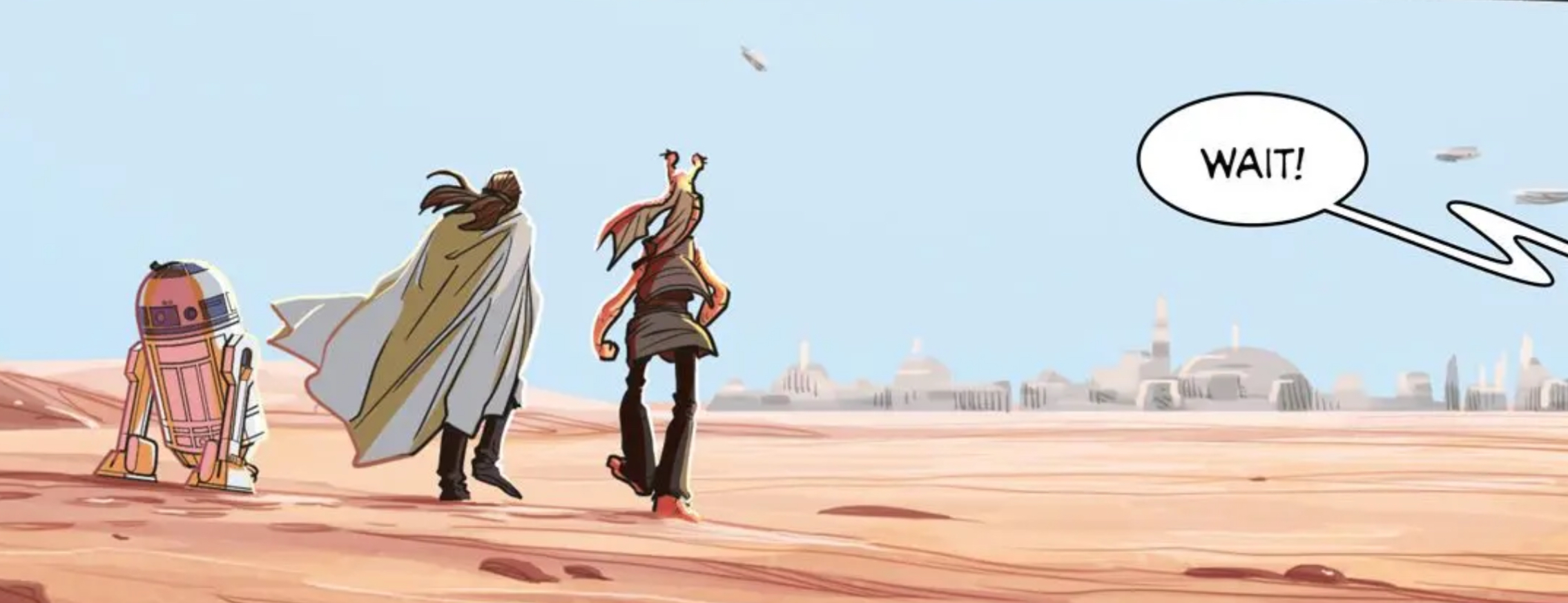Padmé Amidala & Jar Jar Binks in a Star Wars comic panel: "Wait!"