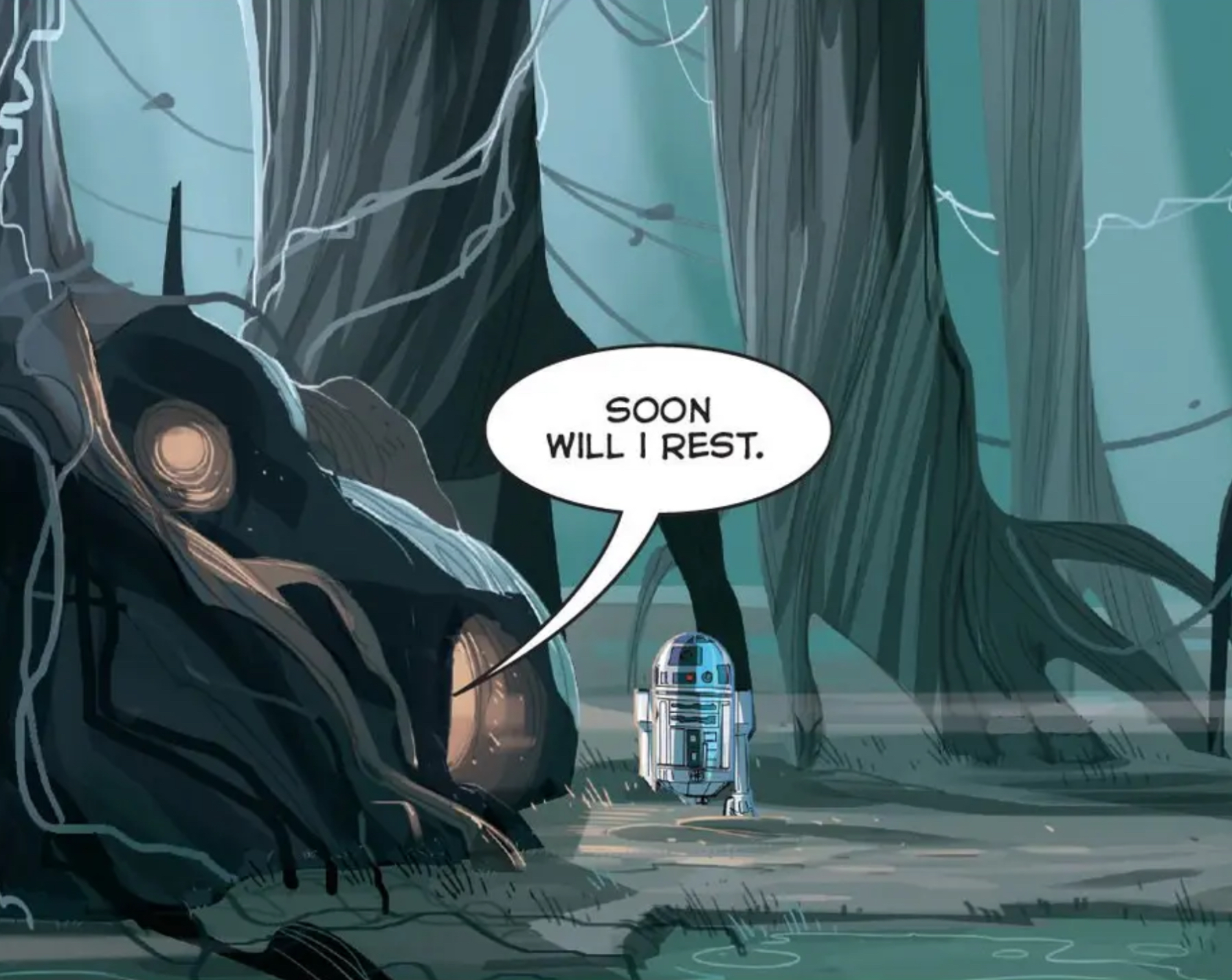 R2-D2 in a Star Wars comic panel: "Soon will I rest."