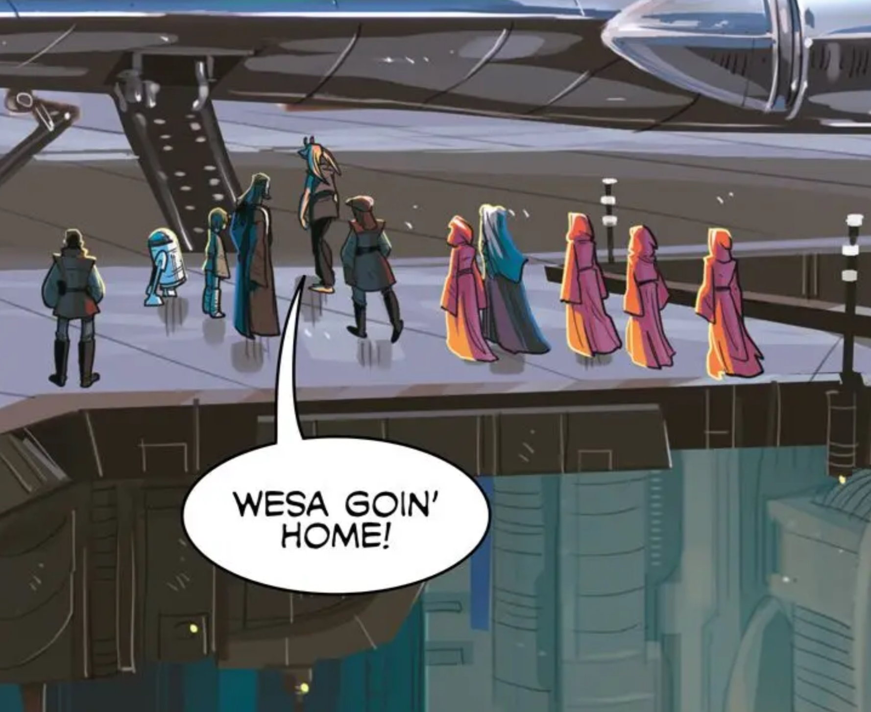 Jar Jar Binks & R2-D2 in a Star Wars comic panel: "Wesa goin' home!"
