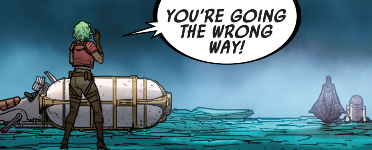 Warba Calip & Luke Skywalker in a Star Wars comic panel: "You're going the wrong way!"