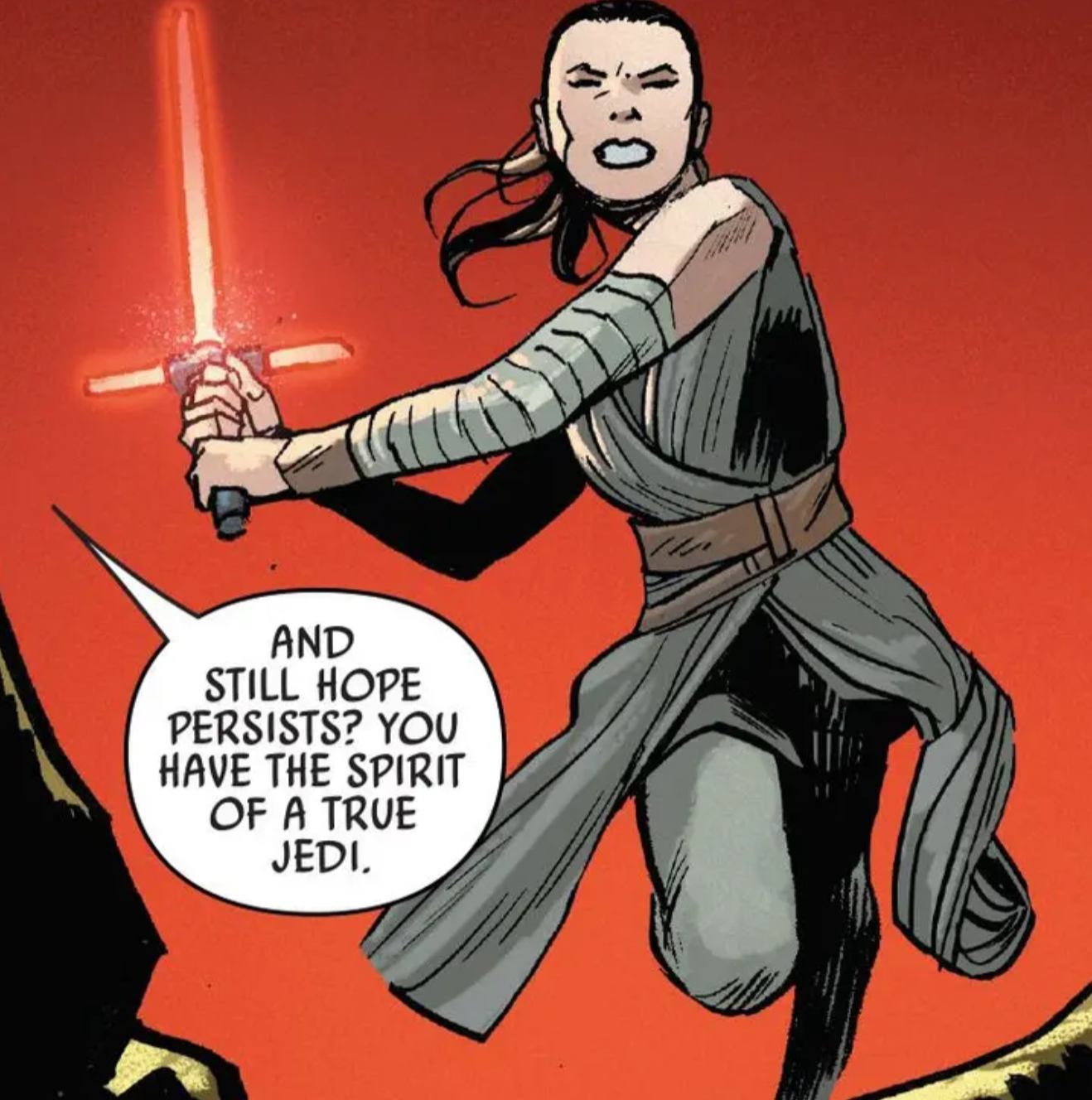 Rey Skywalker in a Star Wars comic panel: "And still hope persists? You have the spirit of a true Jedi."