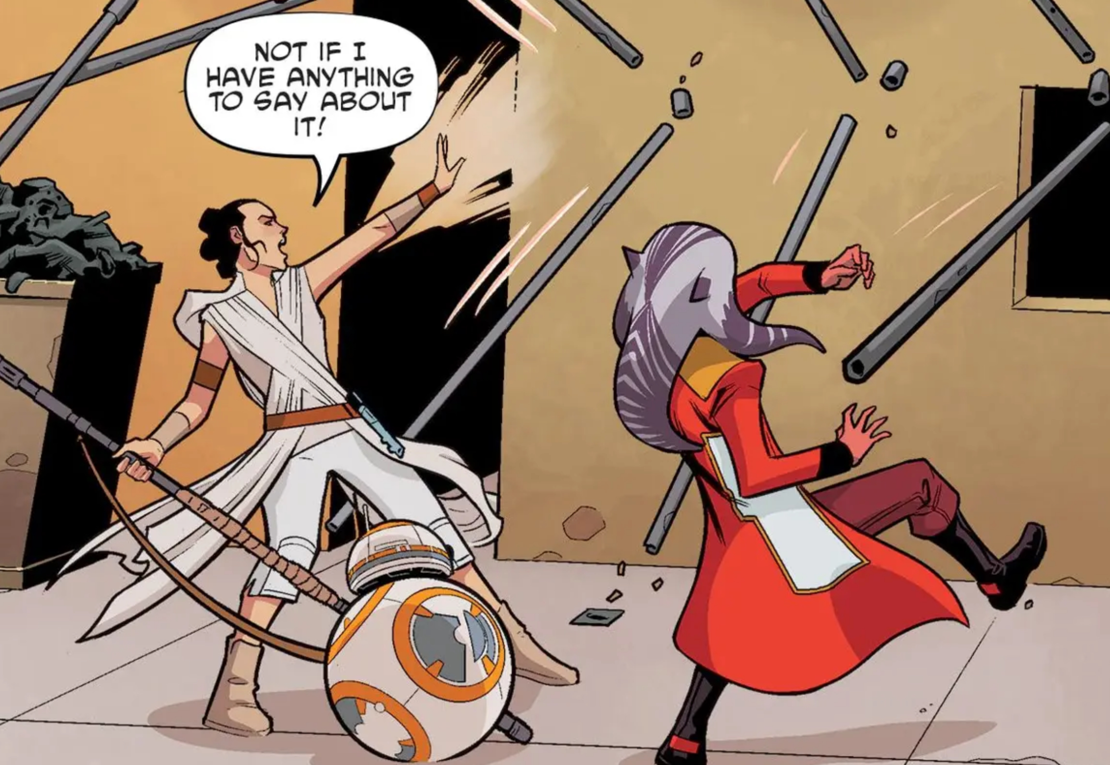 Rey & BB-8 in a Star Wars comic panel: "Not if I have anything to say about it!"