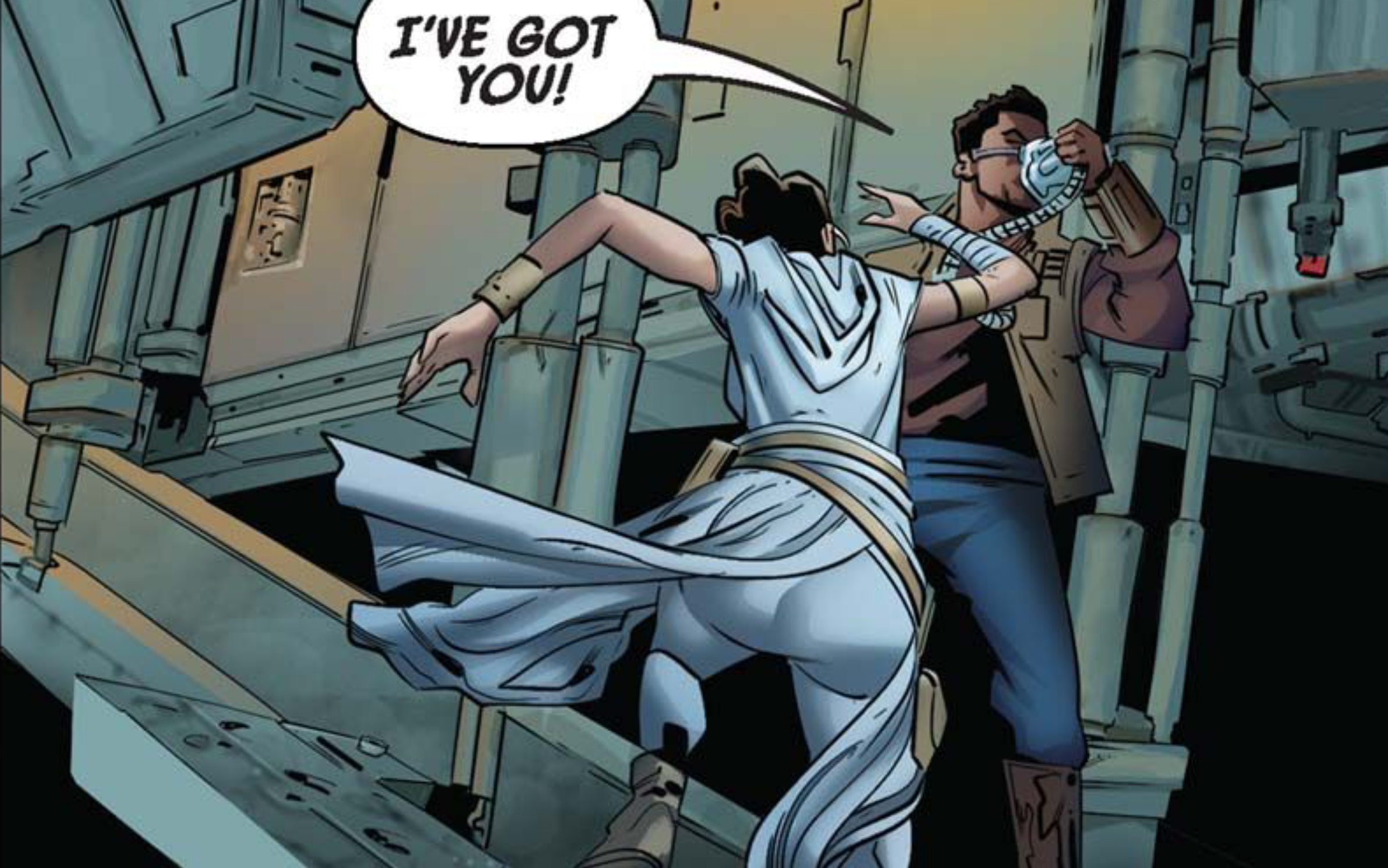 Leia Organa & Han Solo in a Star Wars comic panel: "I've got you!"