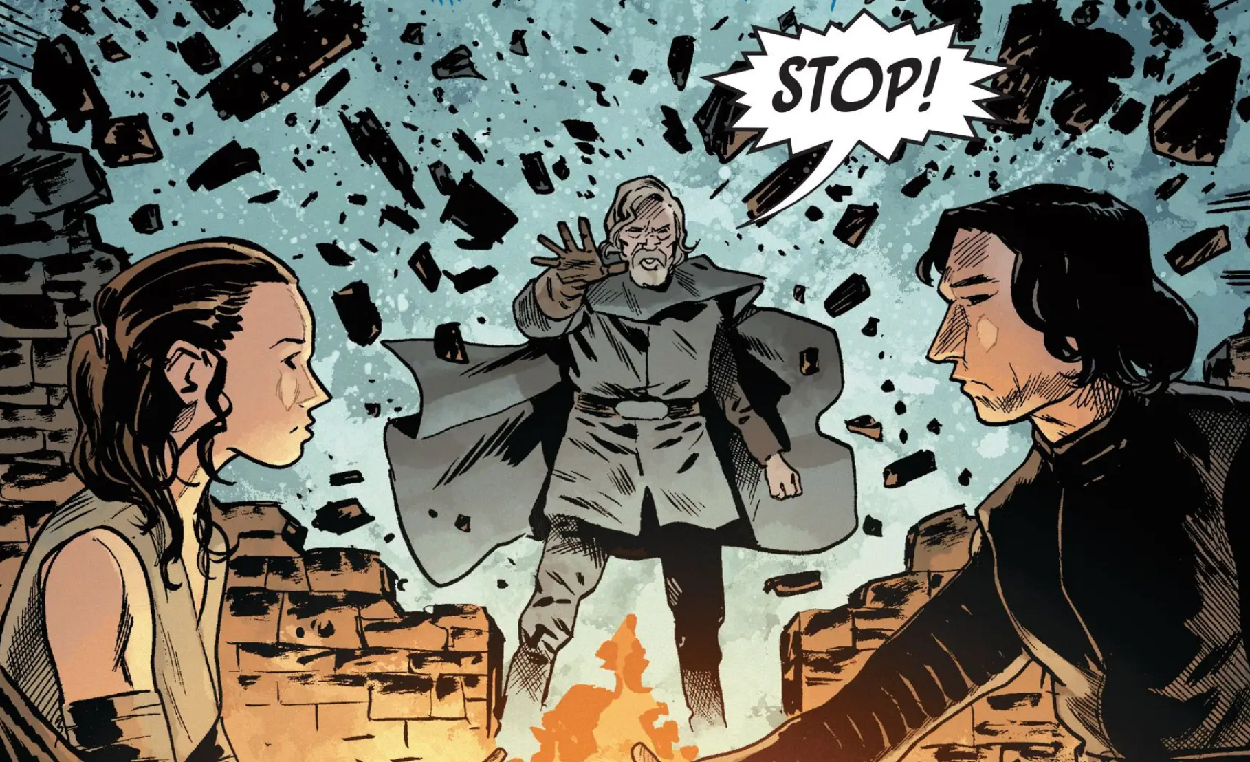 Luke Skywalker & Rey in a Star Wars comic panel: "Stop!"