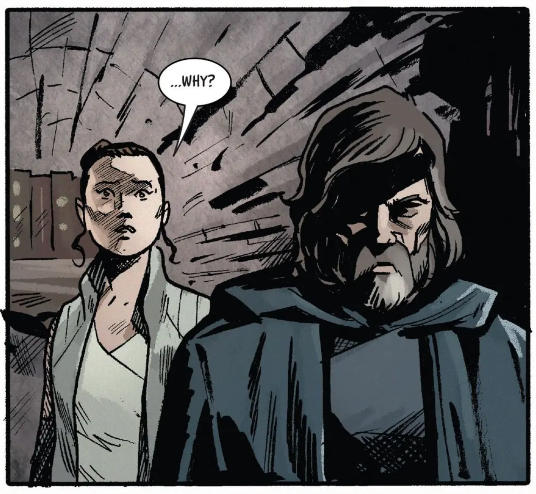 Rey & Luke Skywalker in a Star Wars comic panel: "Why?"
