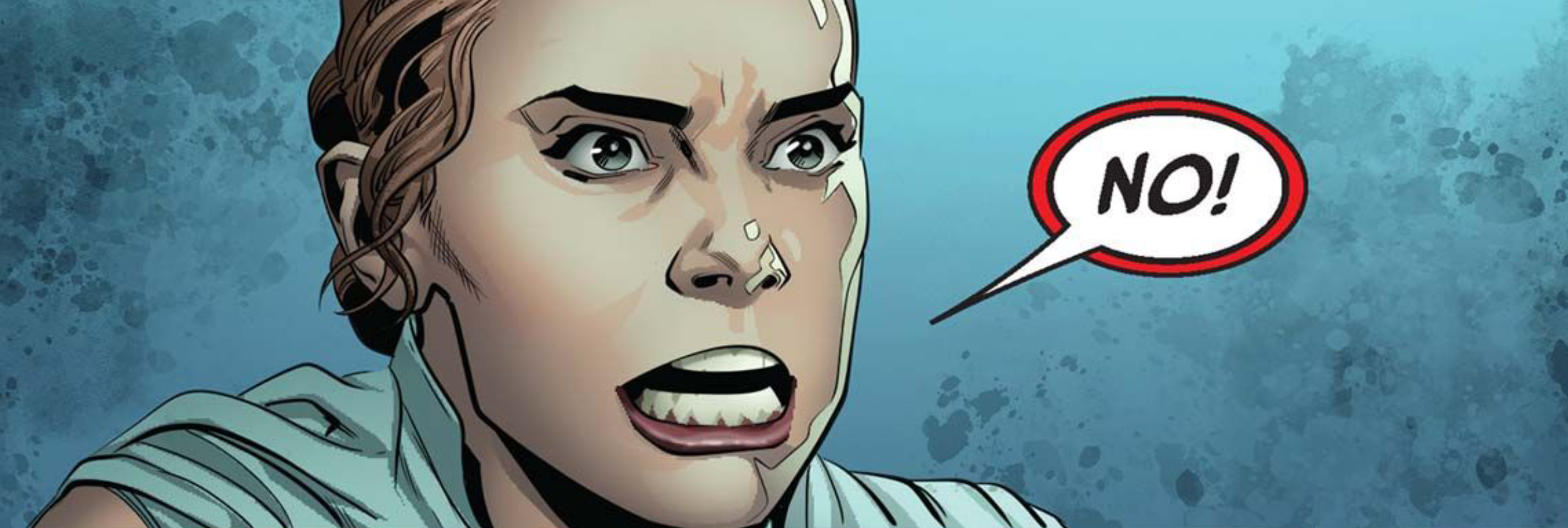 Rey in a Star Wars comic panel: "No!"