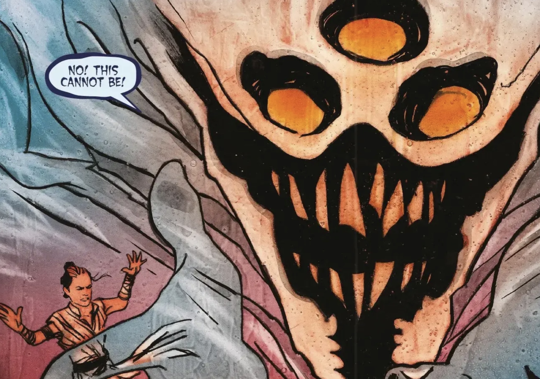 Rey Skywalker in a Star Wars comic panel: "No! This cannot be!"