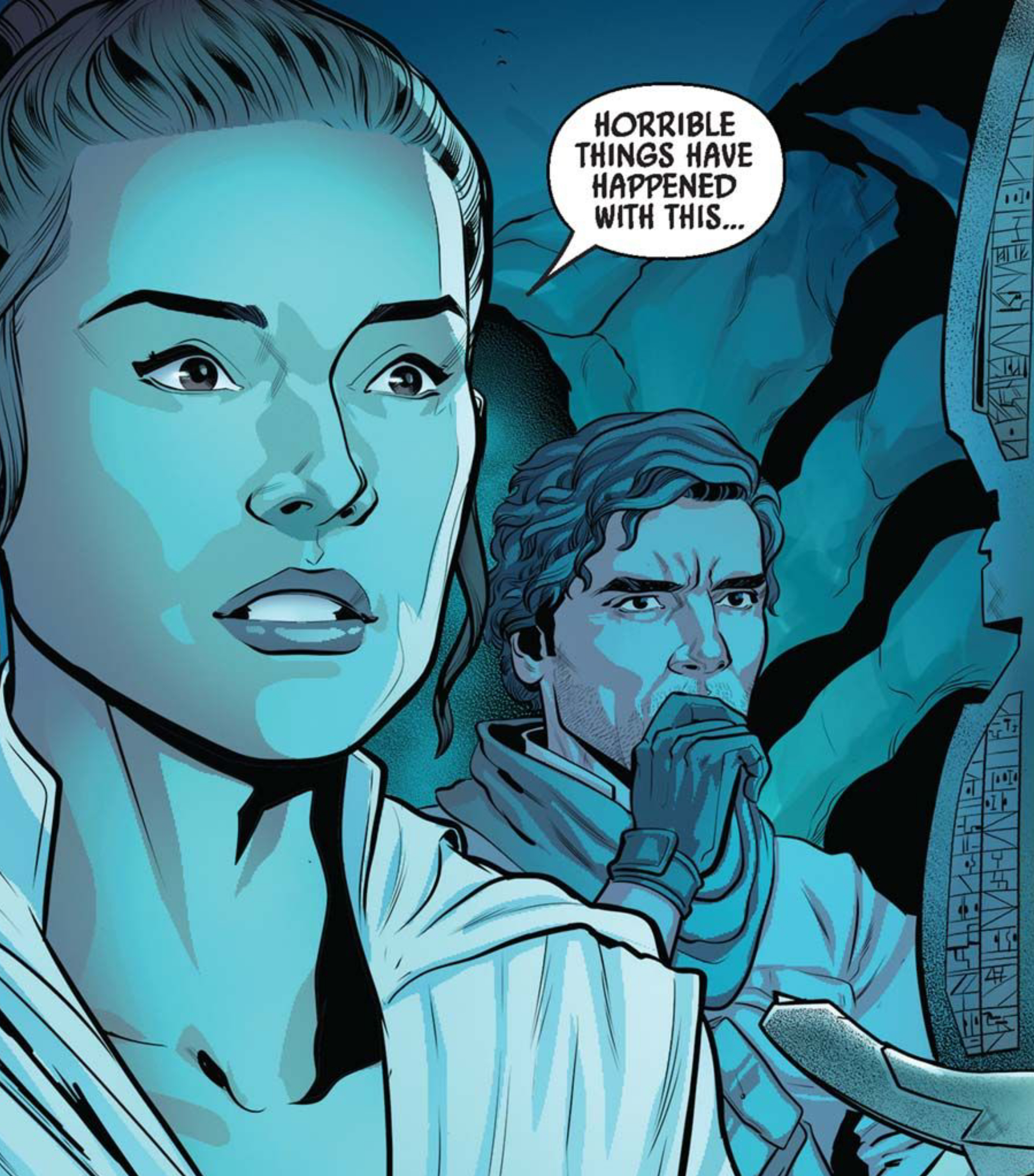 Rey & Poe Dameron in a Star Wars comic panel: "Horrible things have happened with this..."
