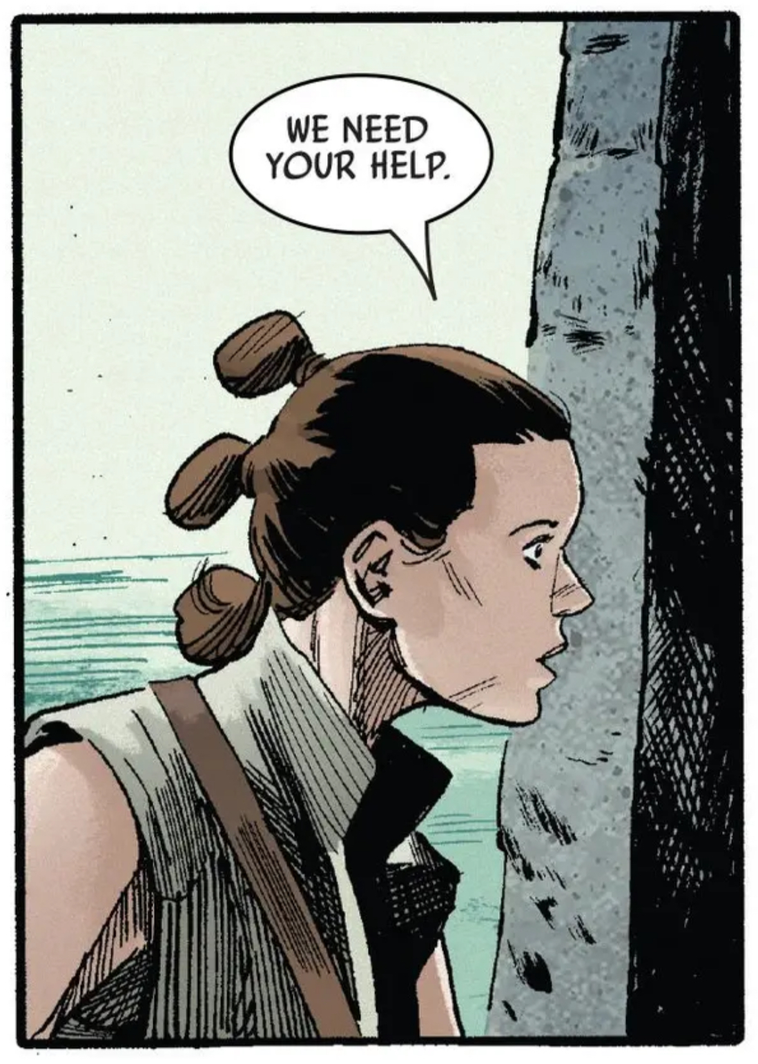 Rey in a Star Wars comic panel: "We need your help."
