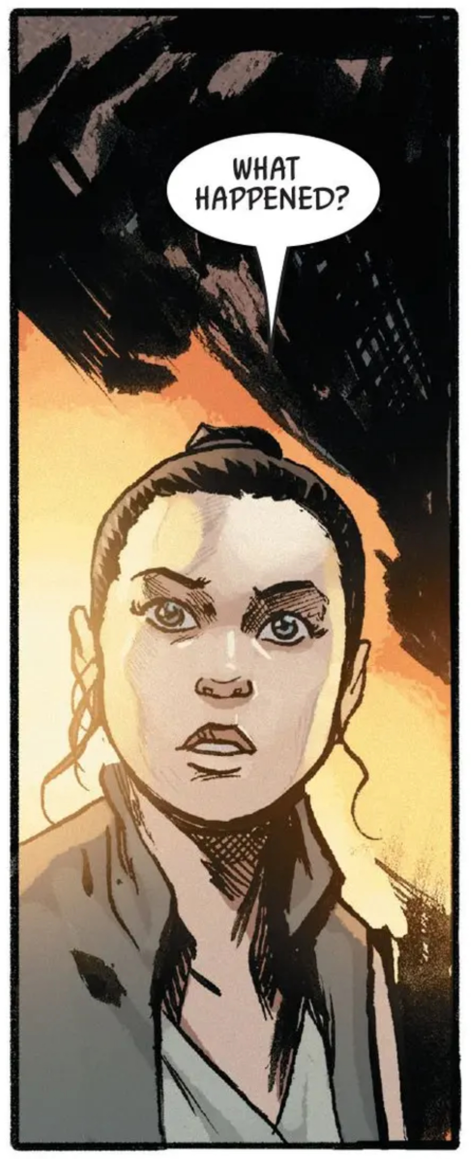 Rey in a Star Wars comic panel: "What happened?"
