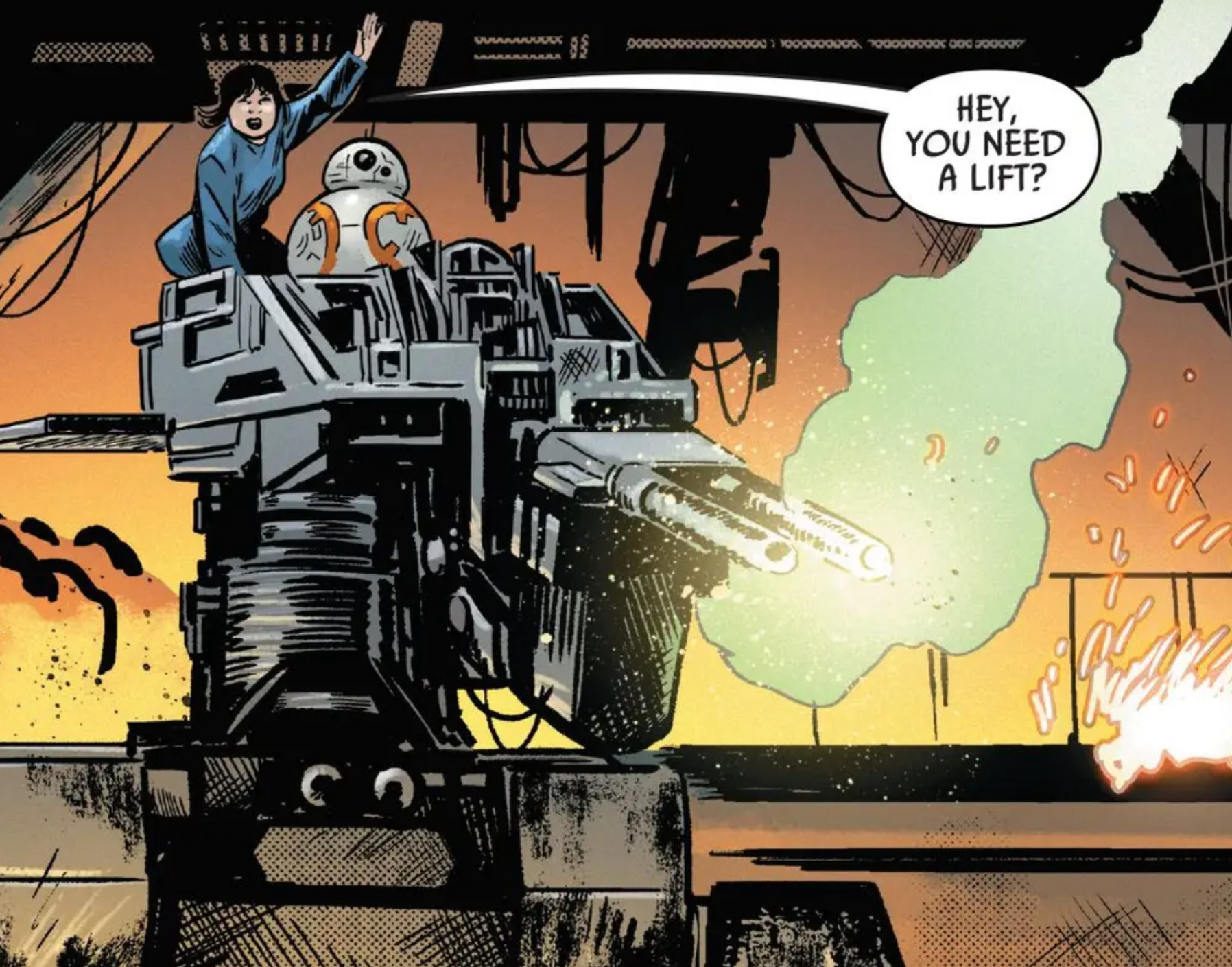 Rose Tico & BB-8 in a Star Wars comic panel: "Hey, you need a lift?"