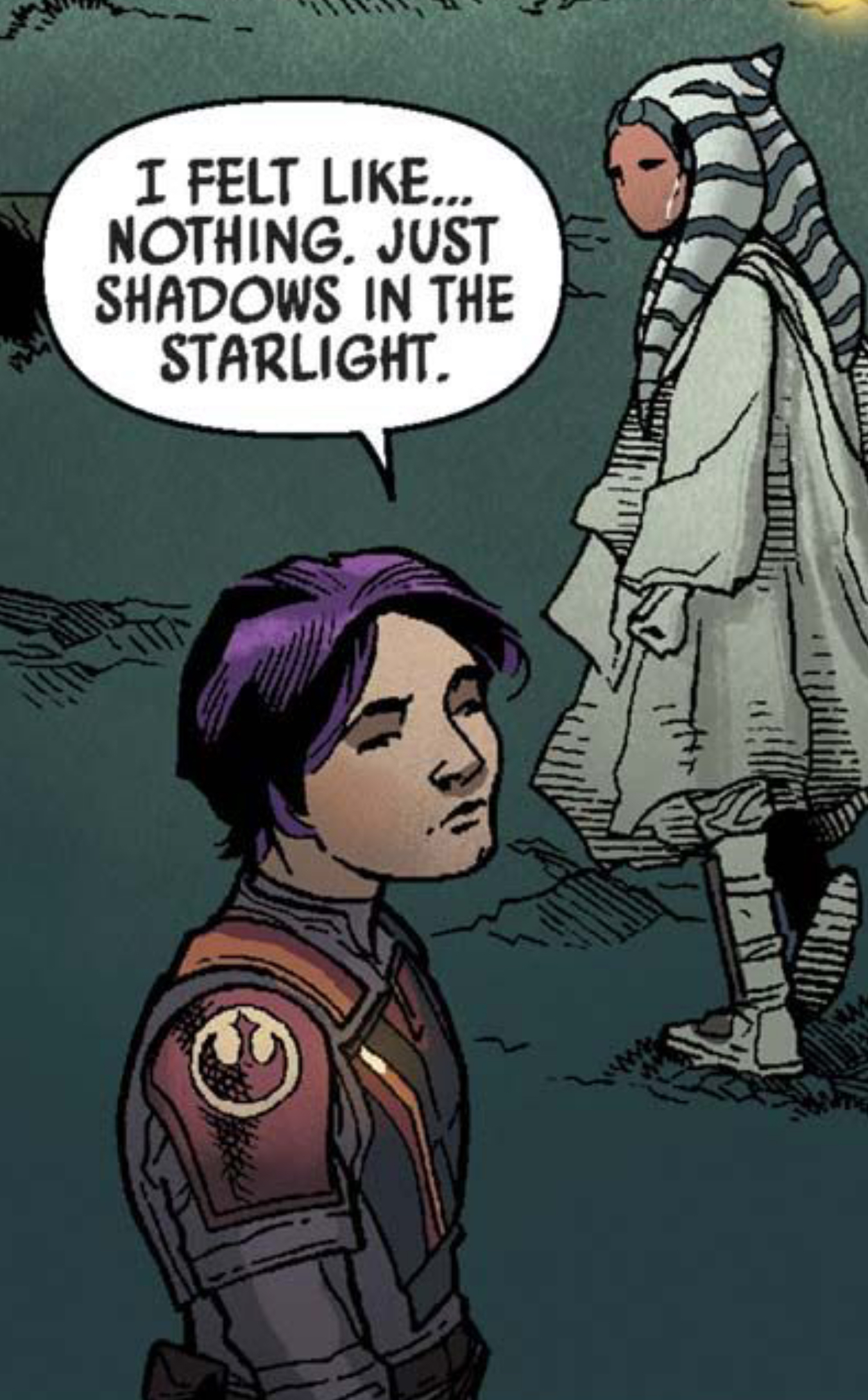 Sabine Wren & Ahsoka Tano in a Star Wars comic panel: "I felt like... nothing. Just shadows in the starlight."