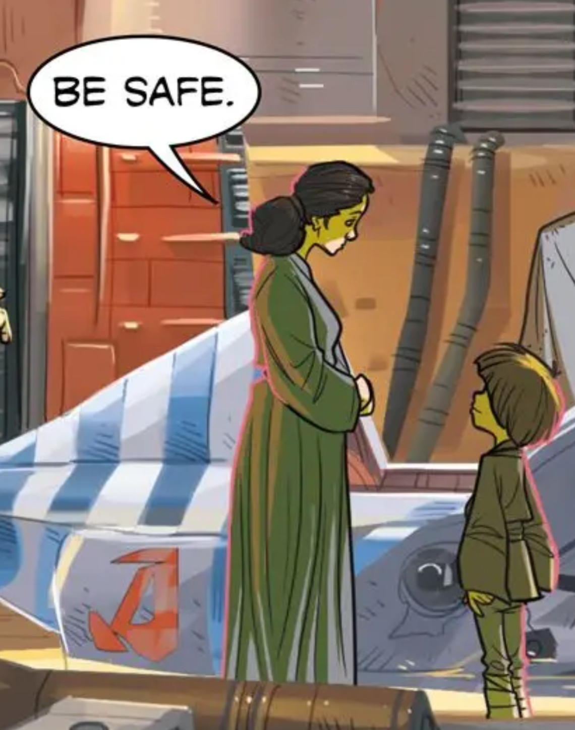 Shmi Skywalker & Anakin Skywalker in a Star Wars comic panel: "Be safe."