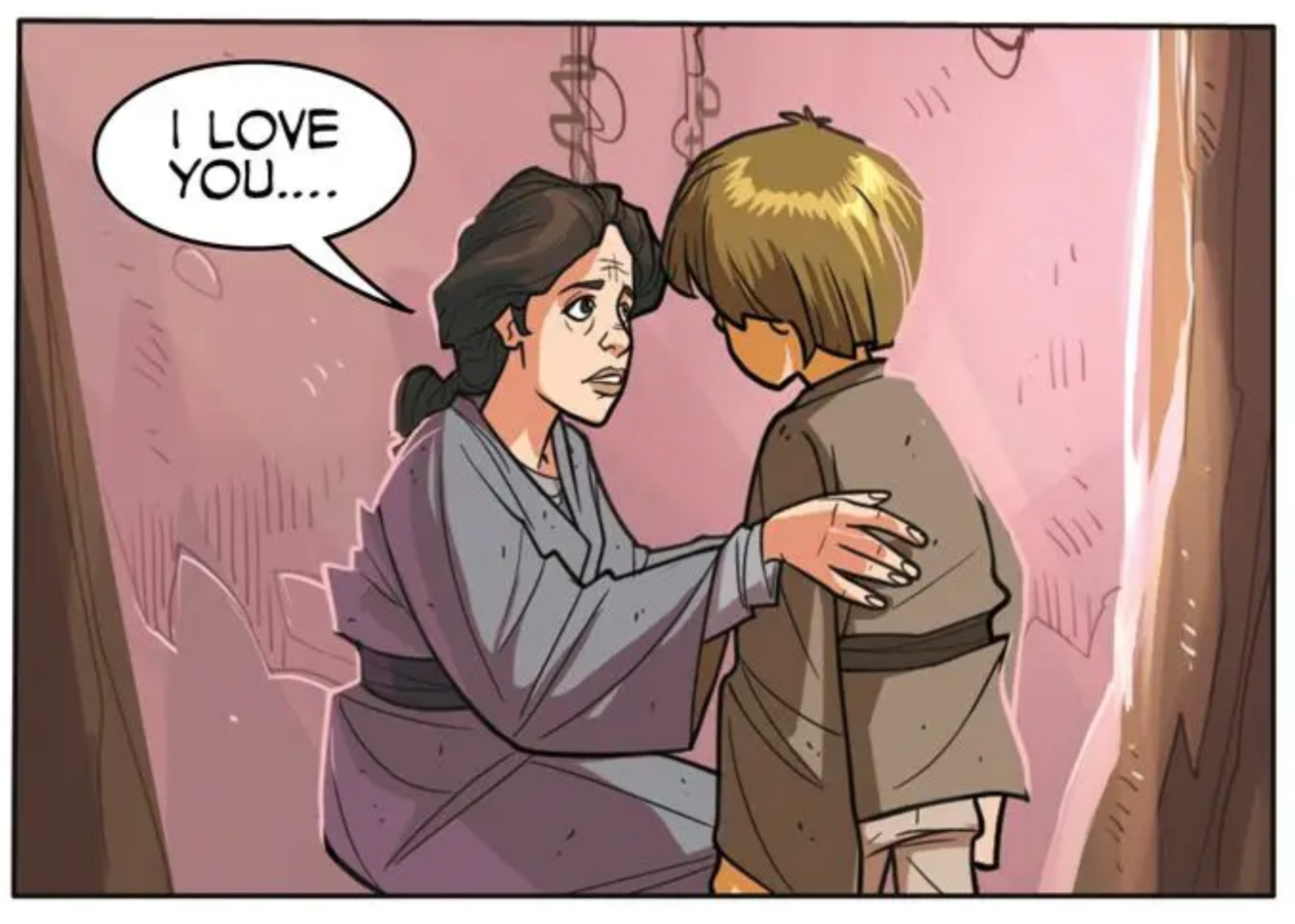 Shmi Skywalker & Anakin Skywalker in a Star Wars comic panel: "I love you...."