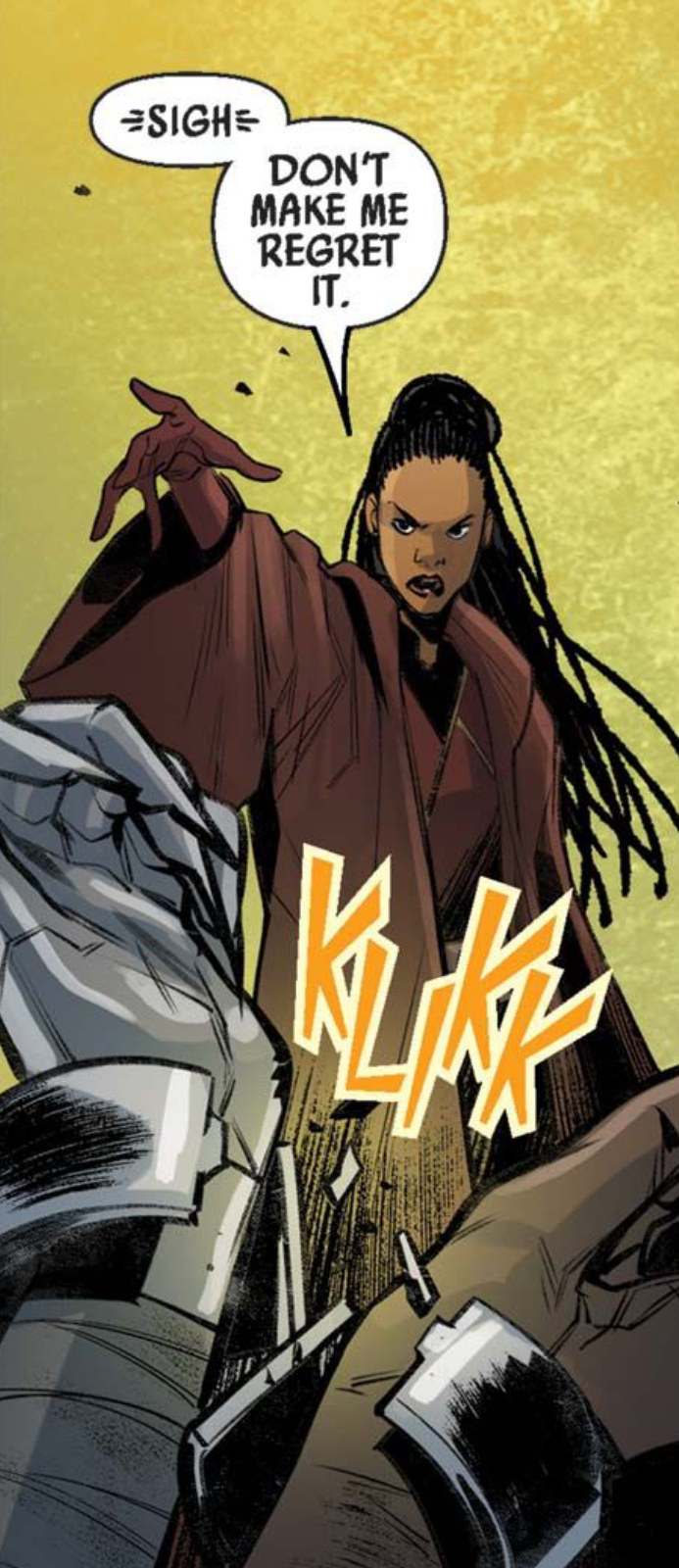 Keeve Trennis in a Star Wars comic panel: "Sigh. Don't make me regret it."