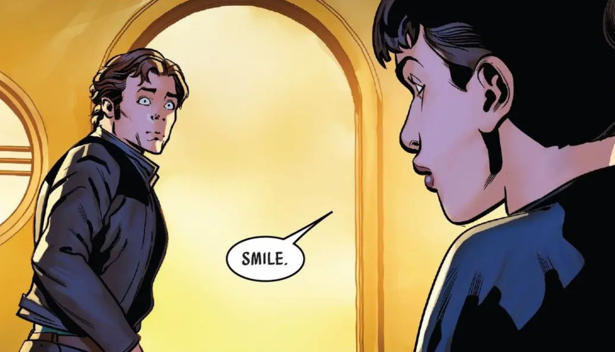 Han Solo & Qi'ra in a Star Wars comic panel: "Smile."