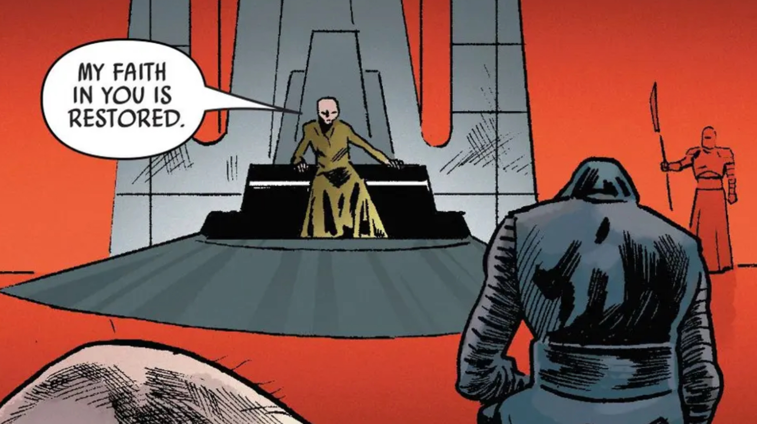 Supreme Leader Snoke & Kylo Ren in a Star Wars comic panel: "My faith in you is restored."