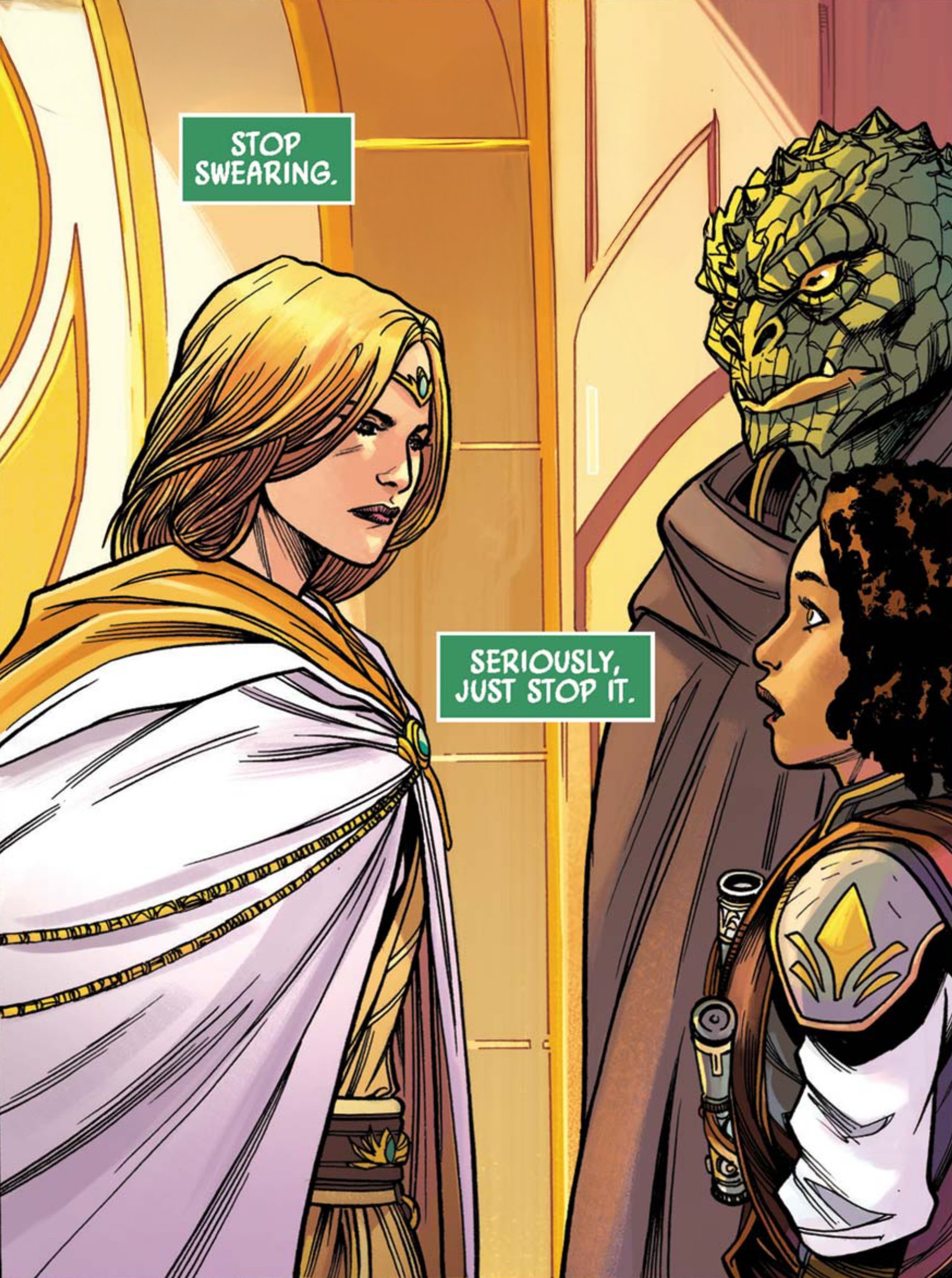 Avar Kriss & Keeve Trennis in a Star Wars comic panel: "Stop swearing. Seriously, just stop it."