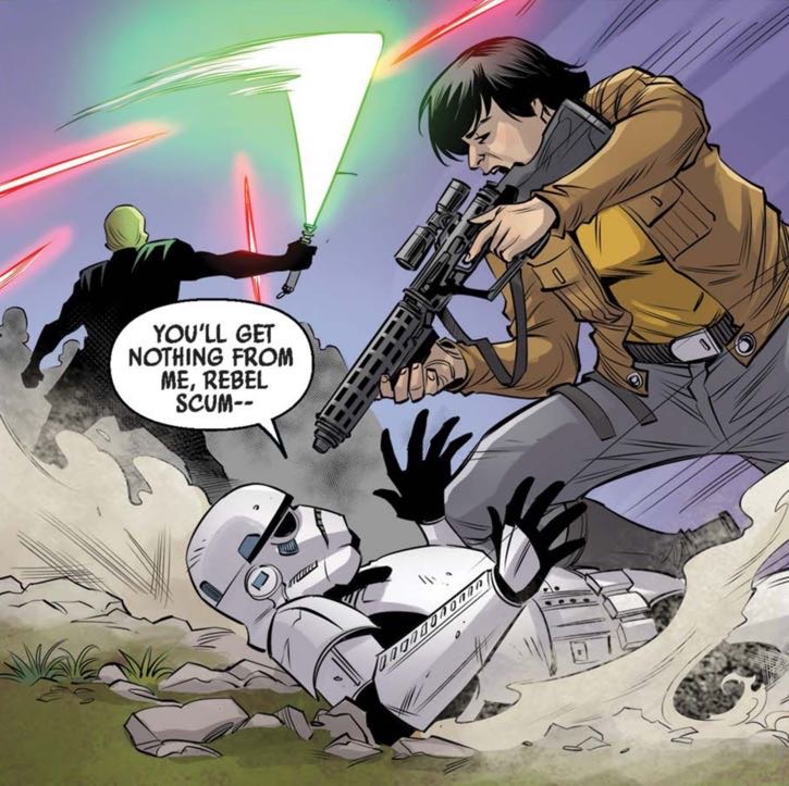 Stormtrooper & Luke Skywalker in a Star Wars comic panel: "You'll get nothing from me, Rebel scum"