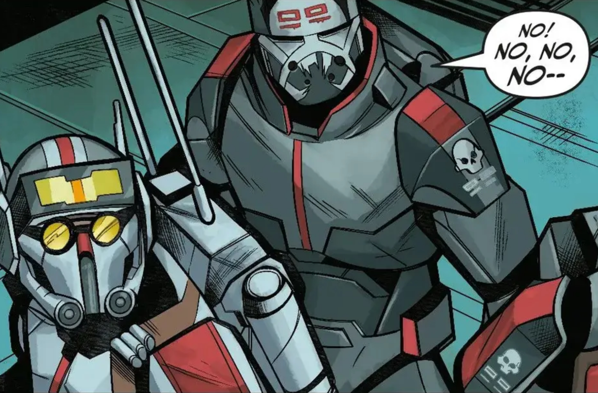 Tech & Wrecker in a Star Wars comic panel: "No! No, no, no--"