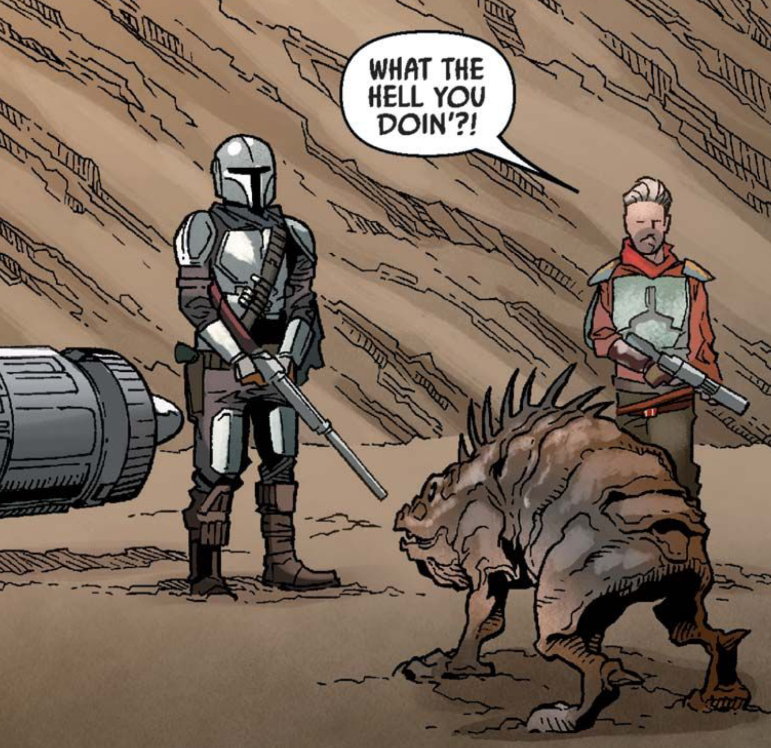 Din Djarin & Cobb Vanth in a Star Wars comic panel: "What the hell you doin?!"