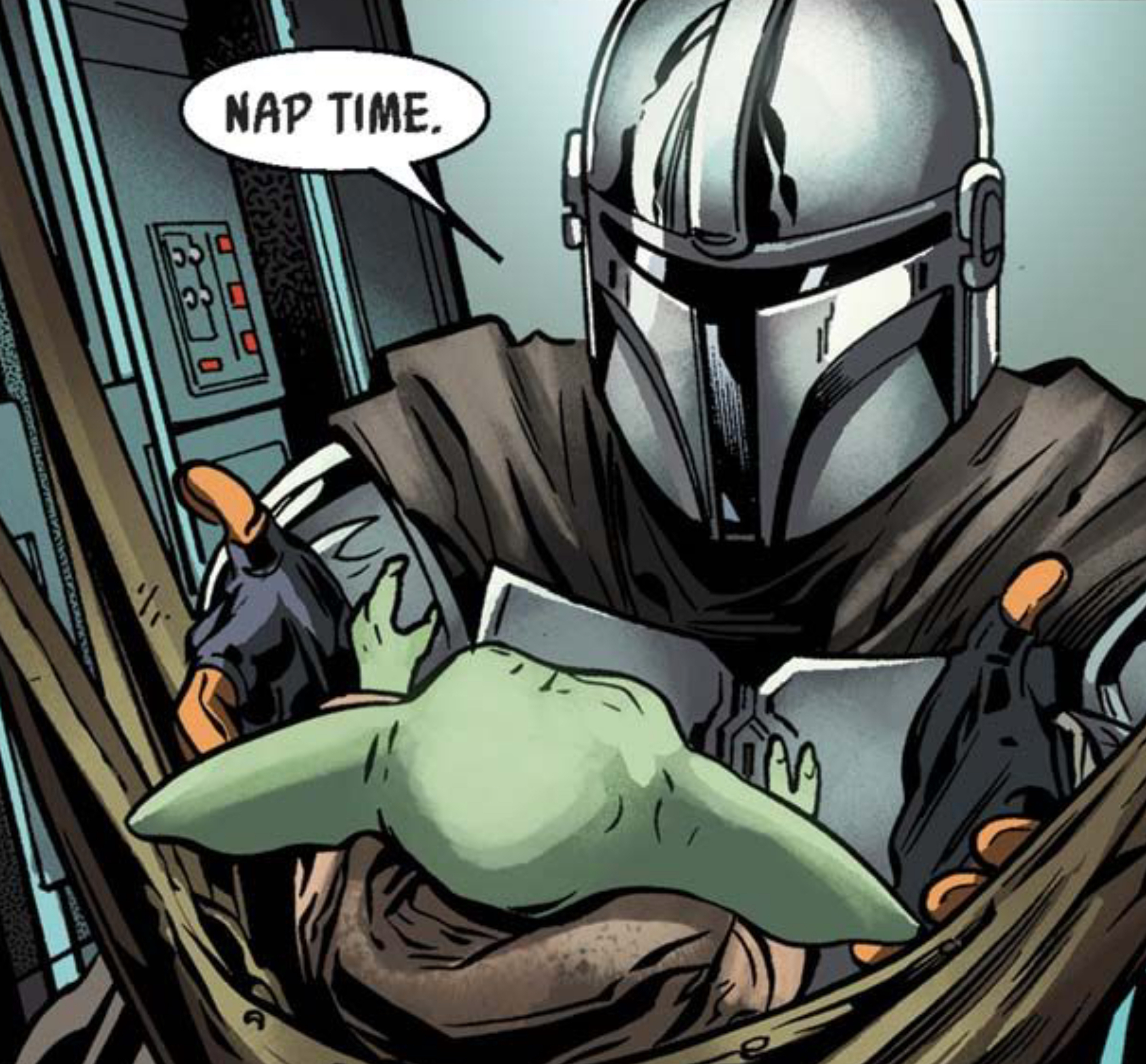 Din Djarin & Grogu in a Star Wars comic panel: "Nap time."