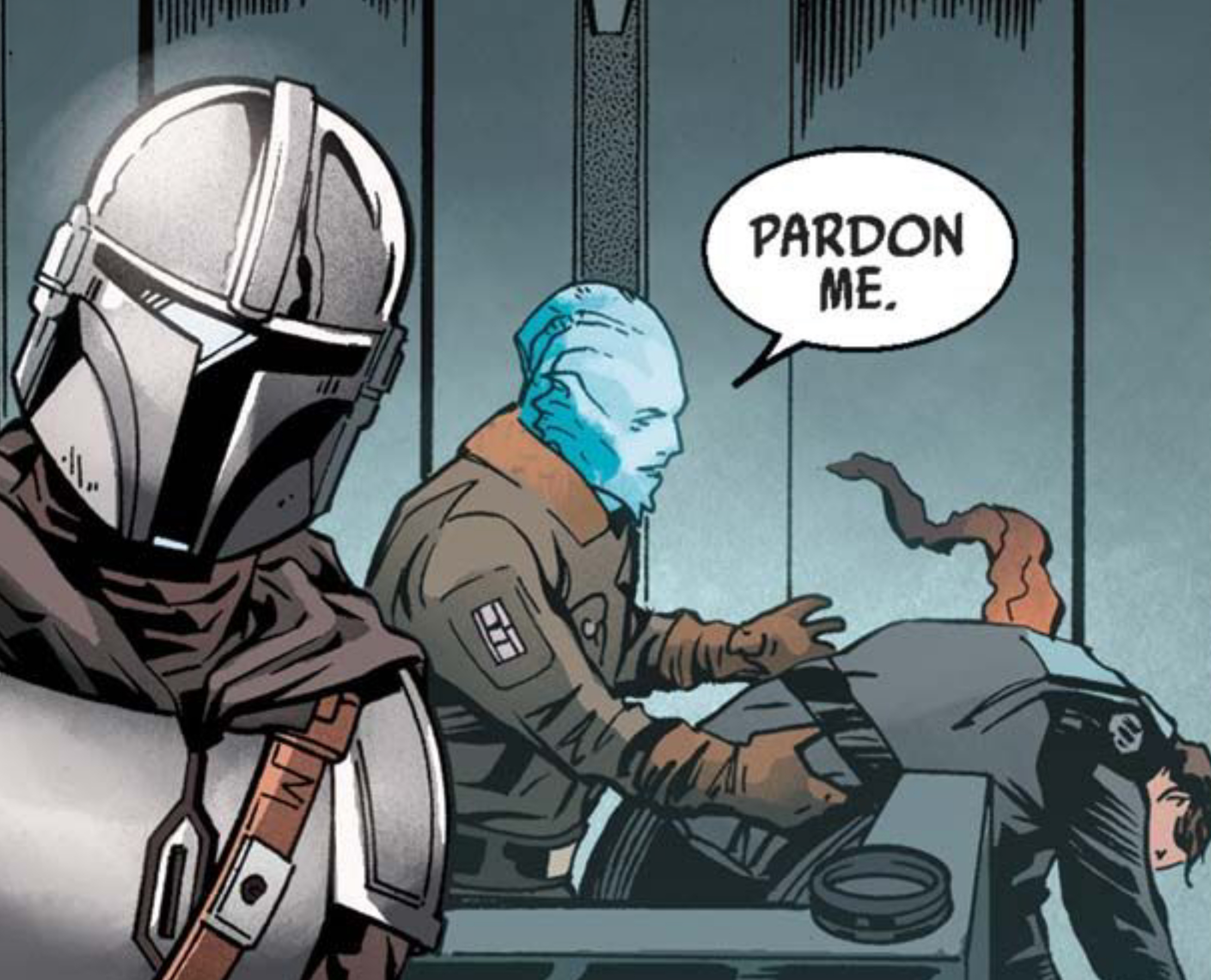 Din Djarin & Mythrol in a Star Wars comic panel: "Pardon me."