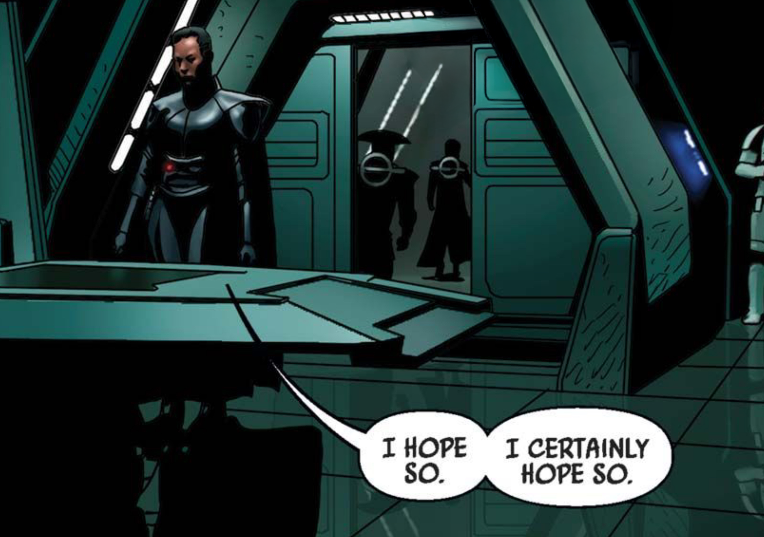 Moff Gideon & stormtrooper in a Star Wars comic panel: "I hope so. I certainly hope so."