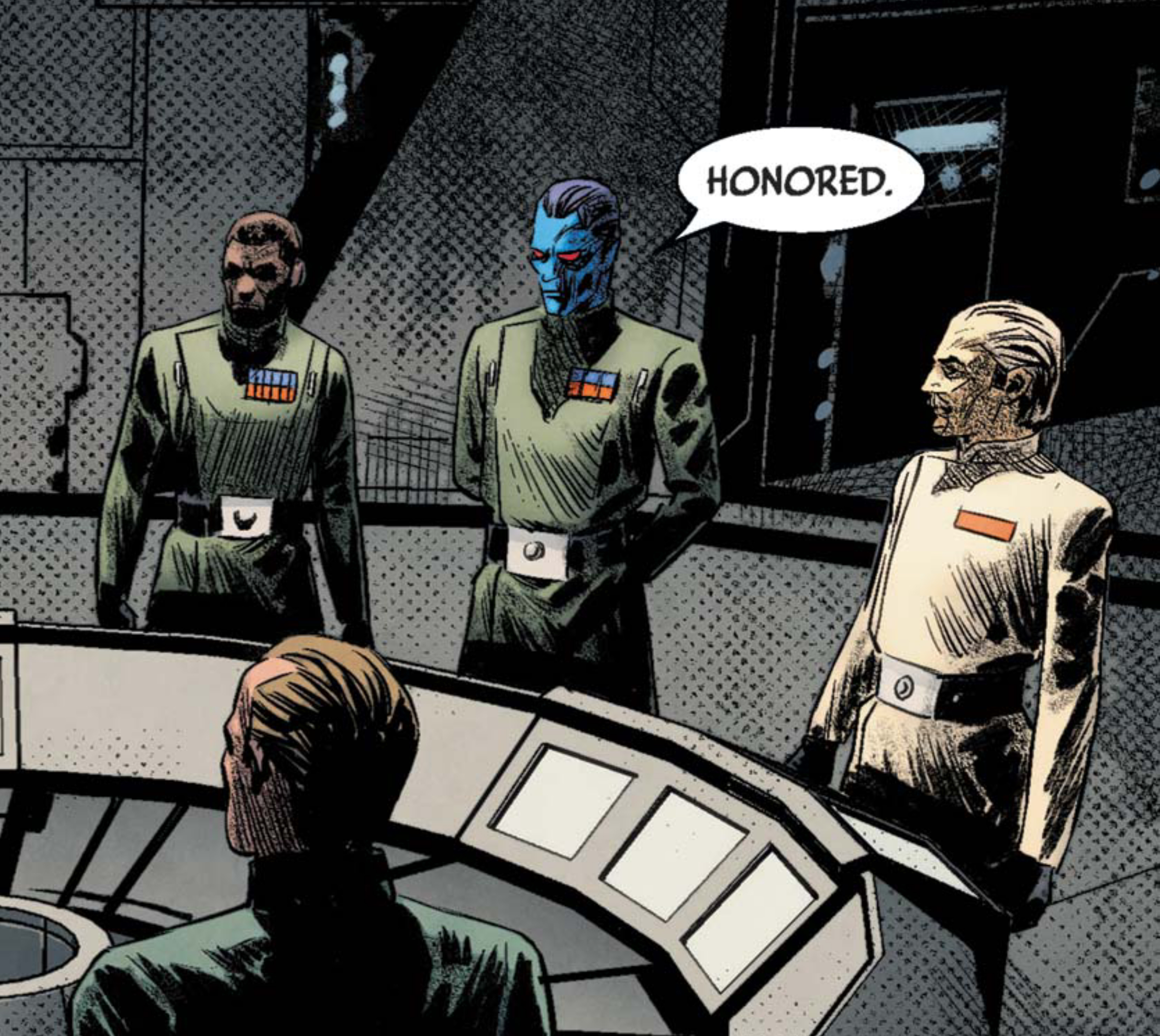 Grand Admiral Thrawn in a Star Wars comic panel: "Honored."