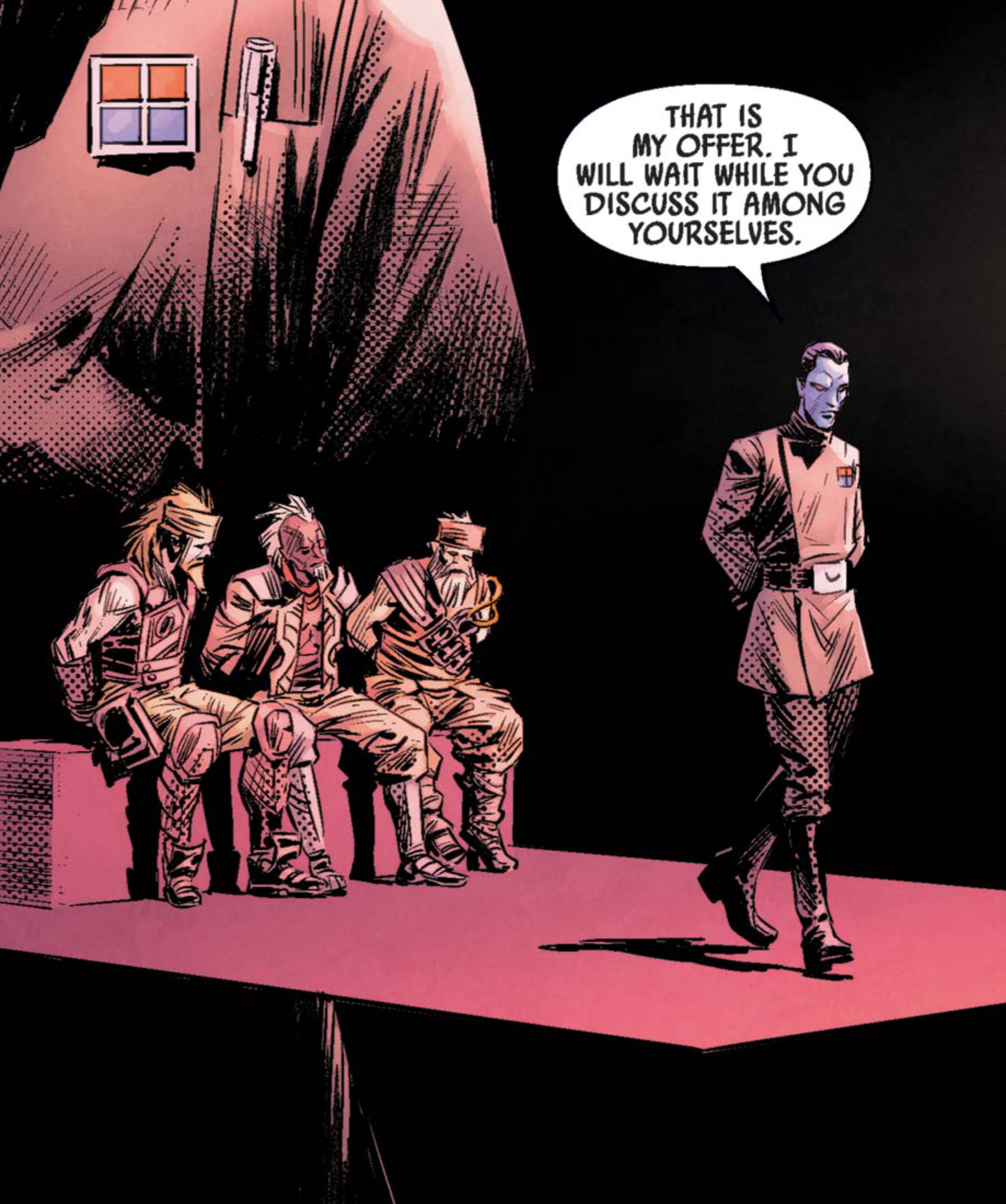 Grand Admiral Thrawn in a Star Wars comic panel: "That is my offer. I will wait while you discuss it among yourselves."