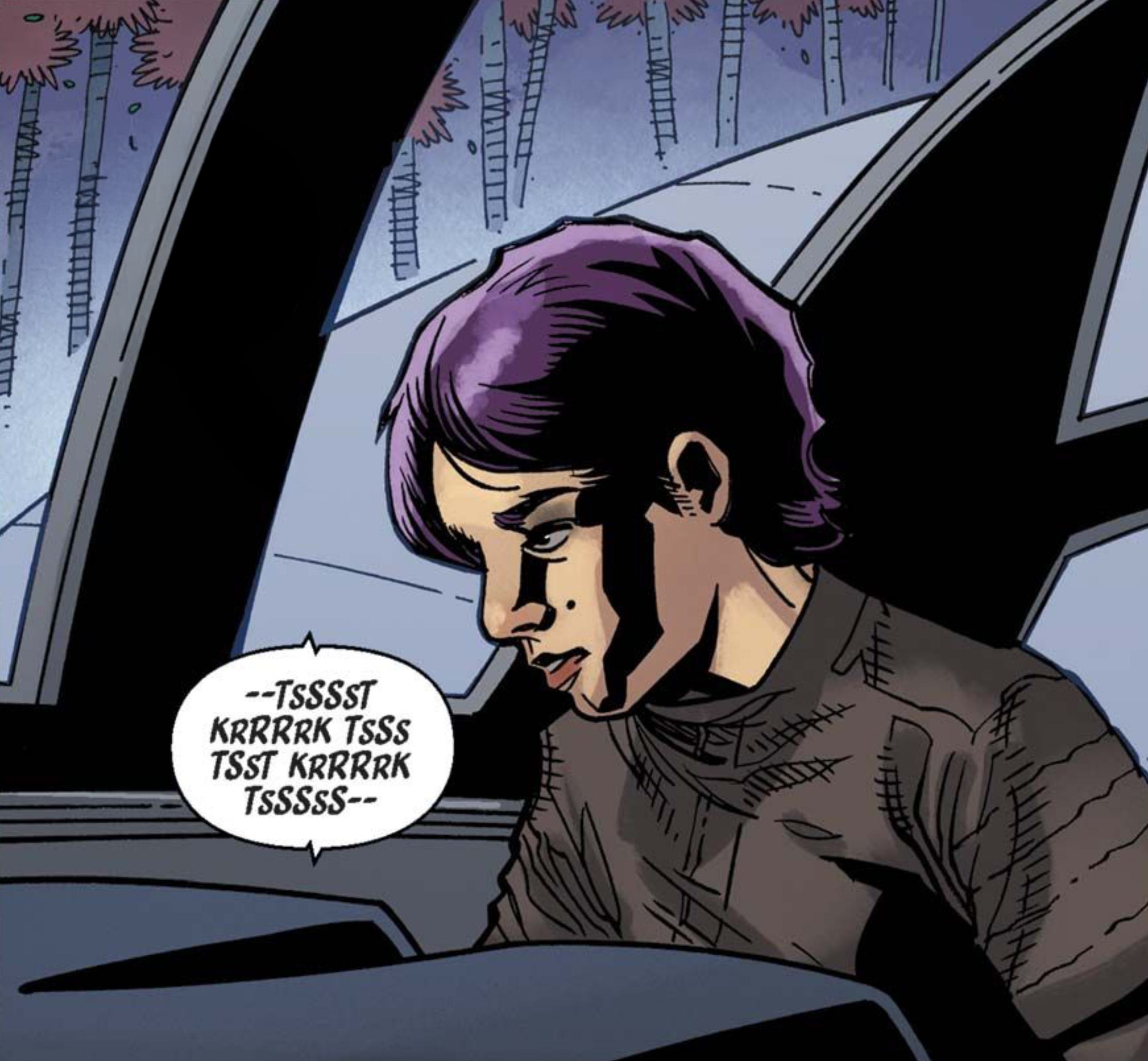 Doctor Aphra in a Star Wars comic panel: "--Tsssst krrrrk tsss tsst krrrrk tsssss--"