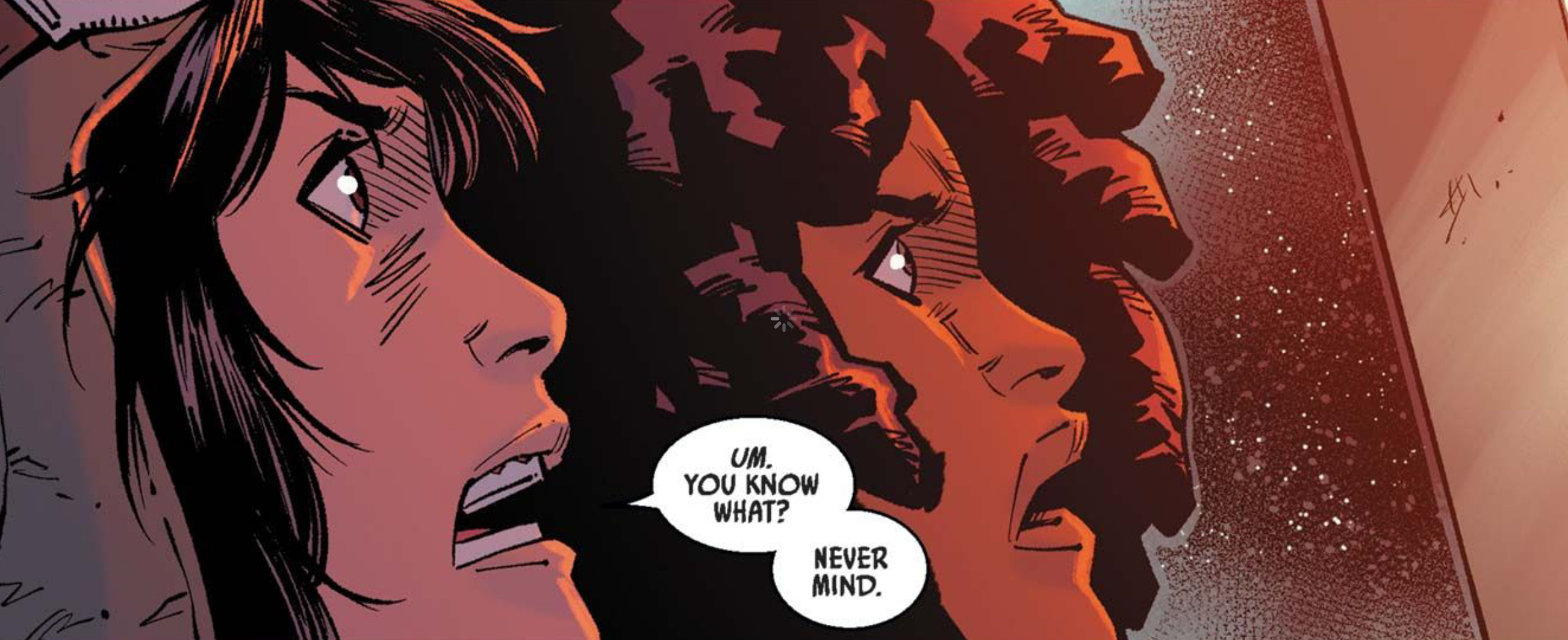 Doctor Aphra & Sana Starros in a Star Wars comic panel: "Um you know what? Never mind."