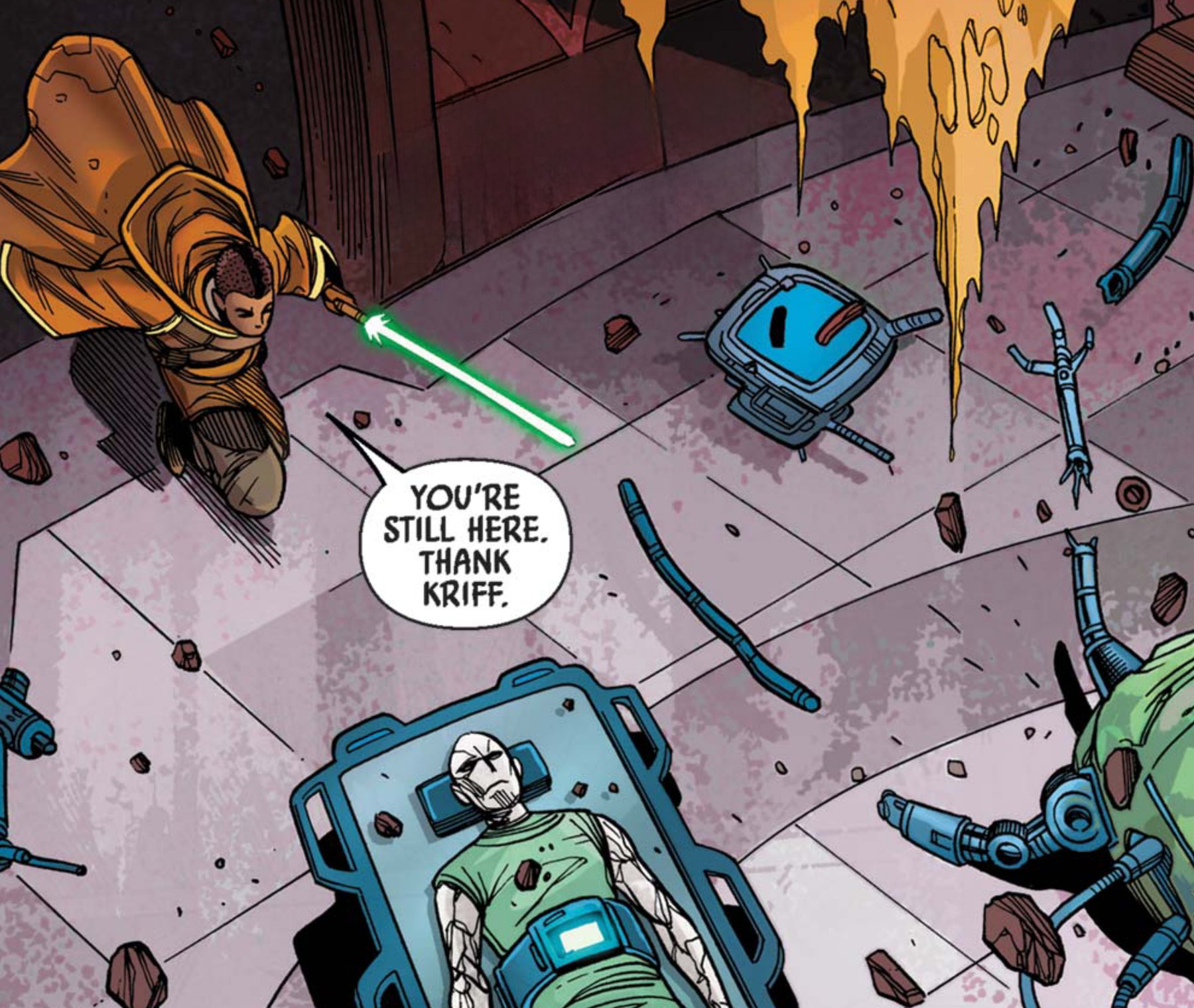 Keeve Trennis in a Star Wars comic panel: "You're still here. Thank kriff."