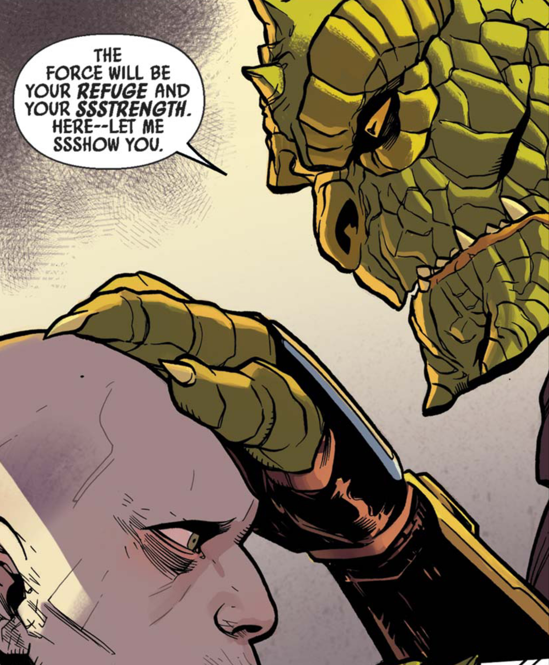 Sskeer in a Star Wars comic panel: "The Force will be your refuge and your strength. Here let me show you."