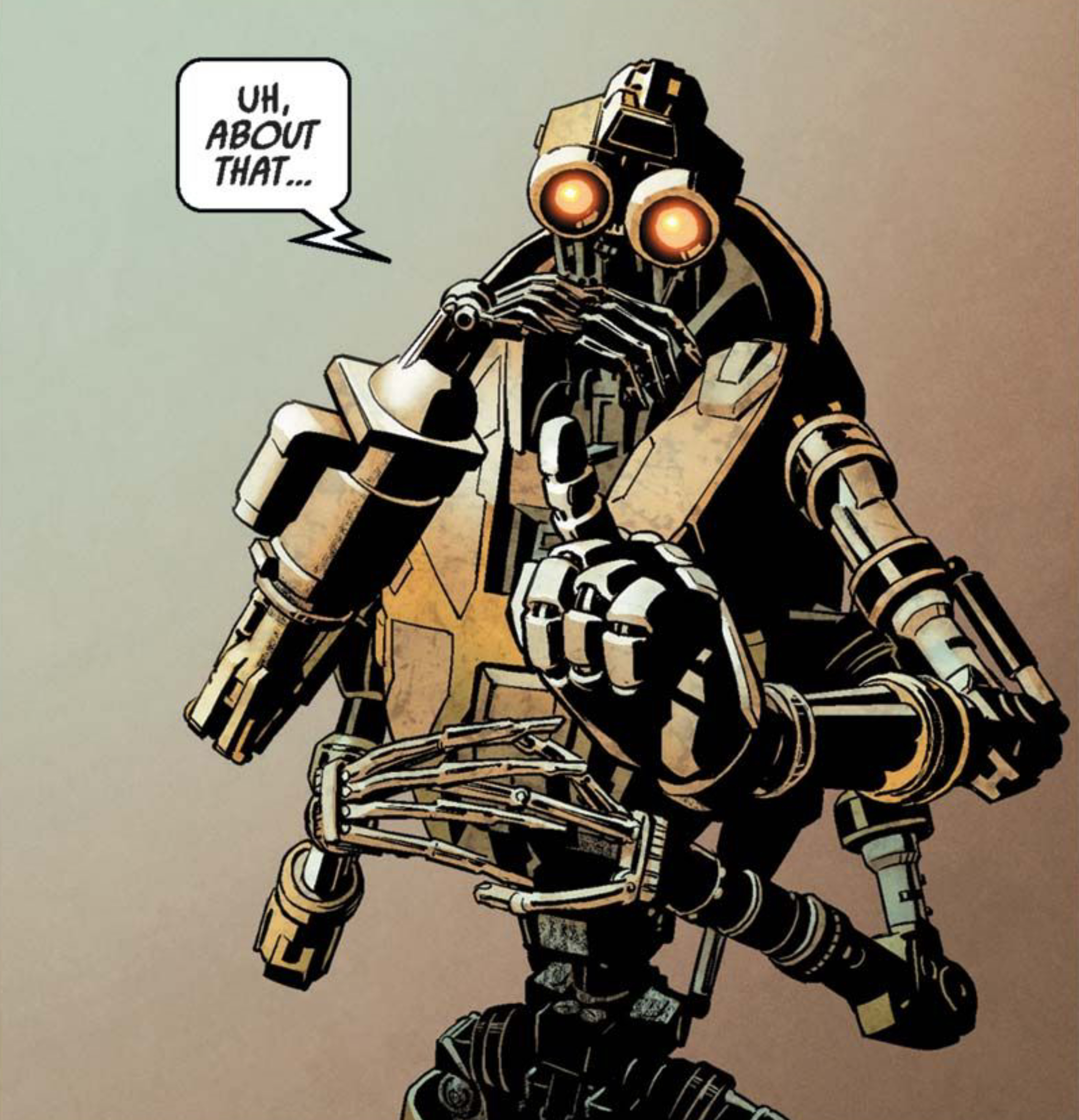 Huyang in a Star Wars comic panel: "Uh, about that..."