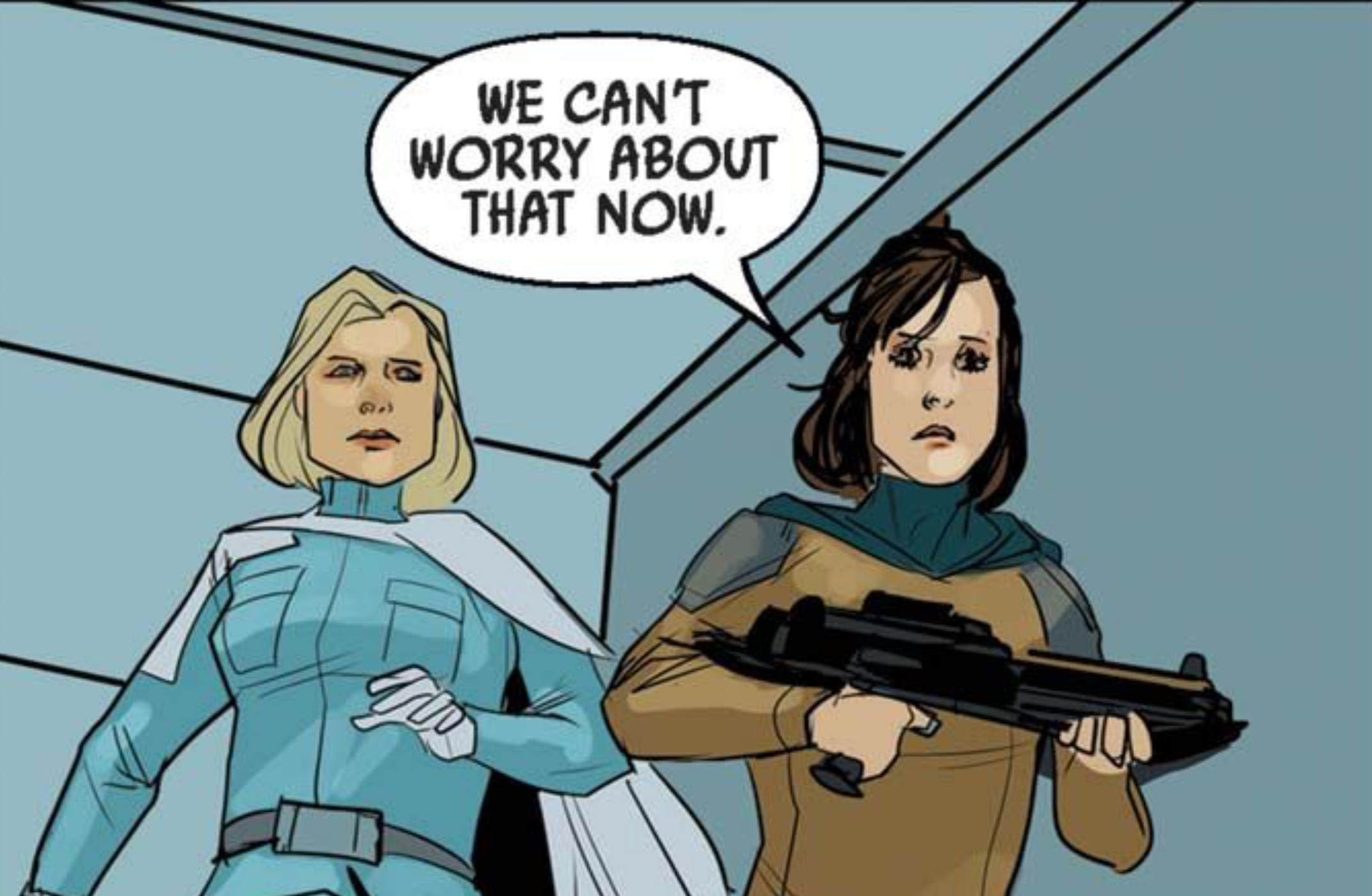 Leia Organa in a Star Wars comic panel: "We can't worry about that now."