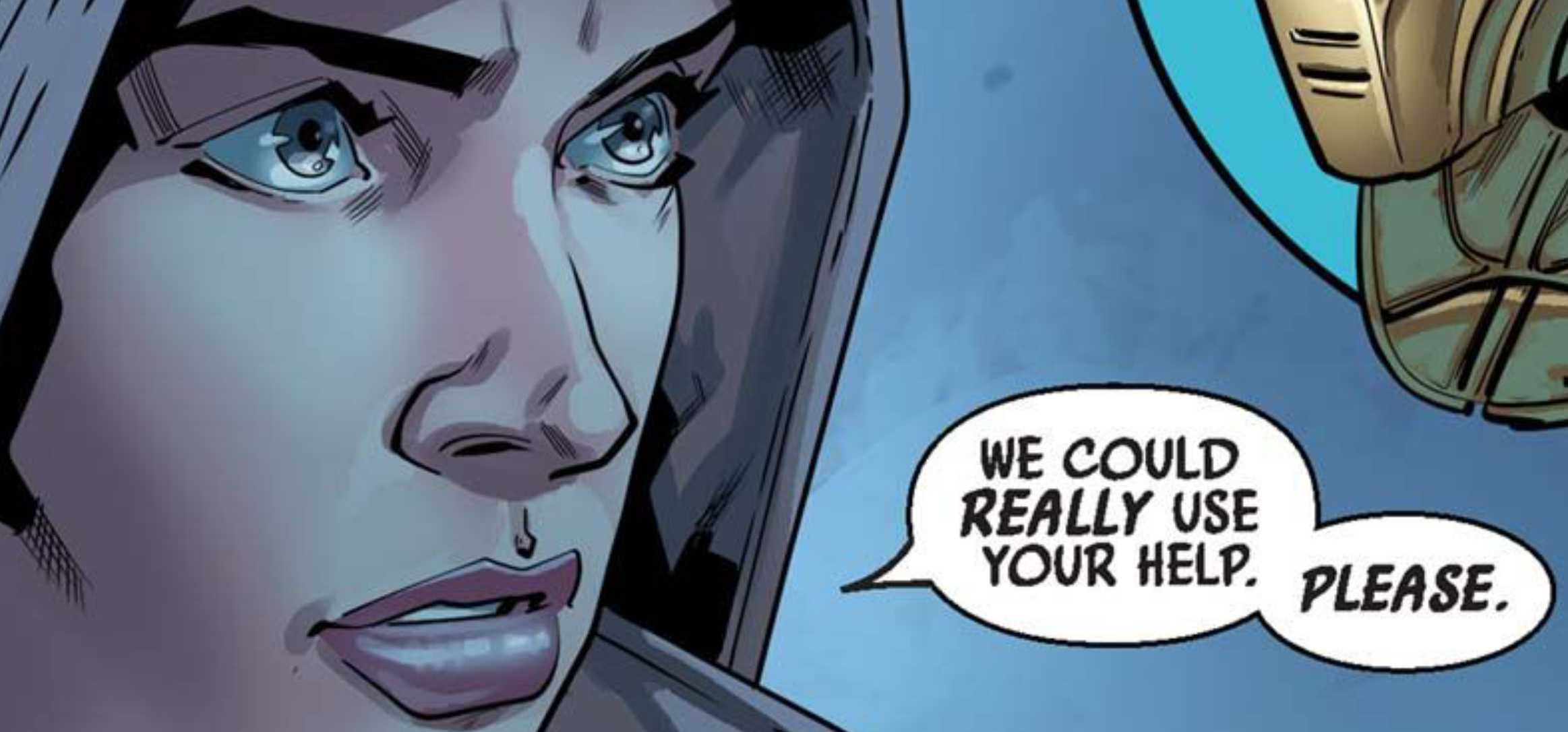 Leia Organa & C-3PO in a Star Wars comic panel: "We could really use your help. Please."
