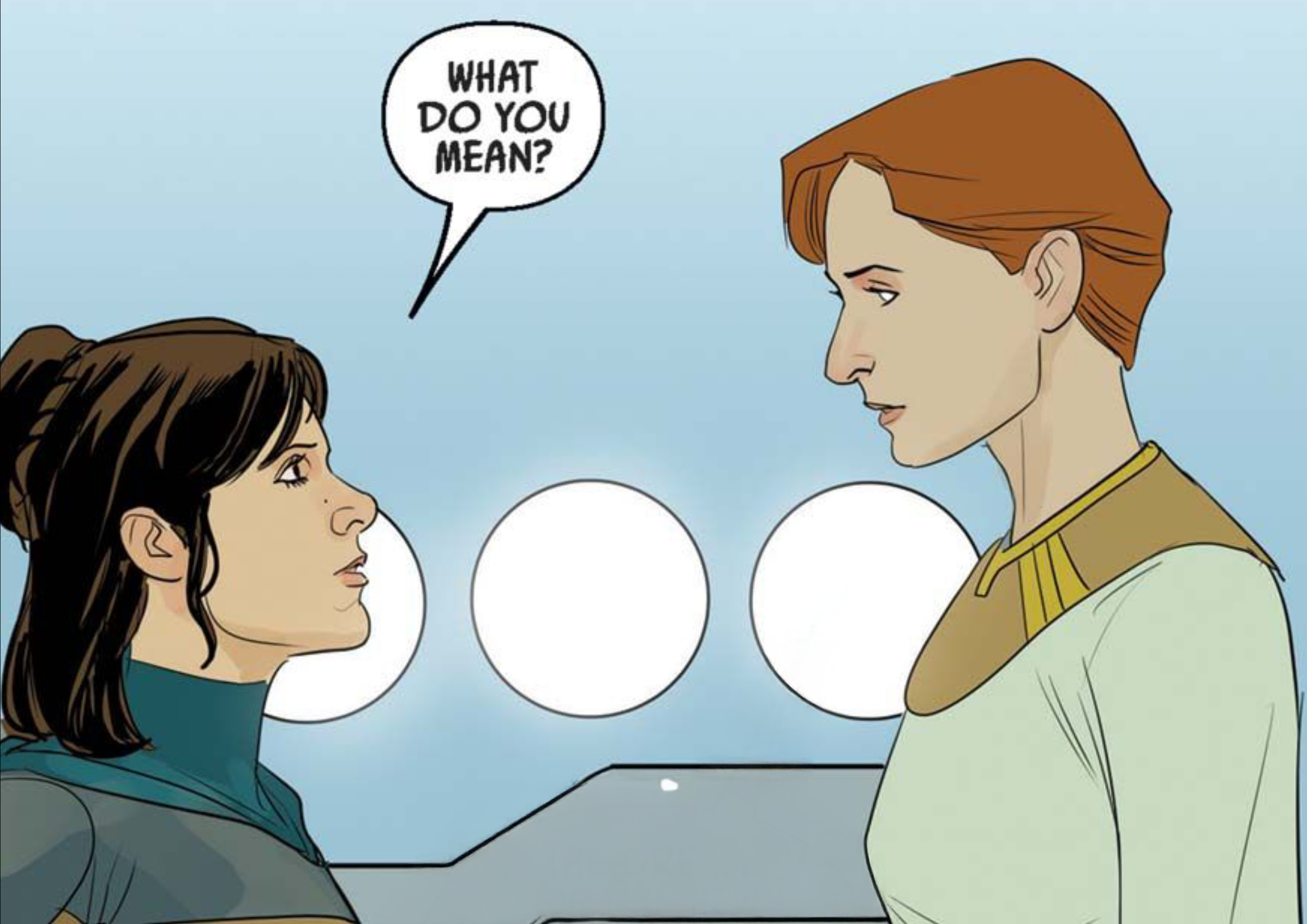 Leia Organa & Mon Mothma in a Star Wars comic panel: "What do you mean?"