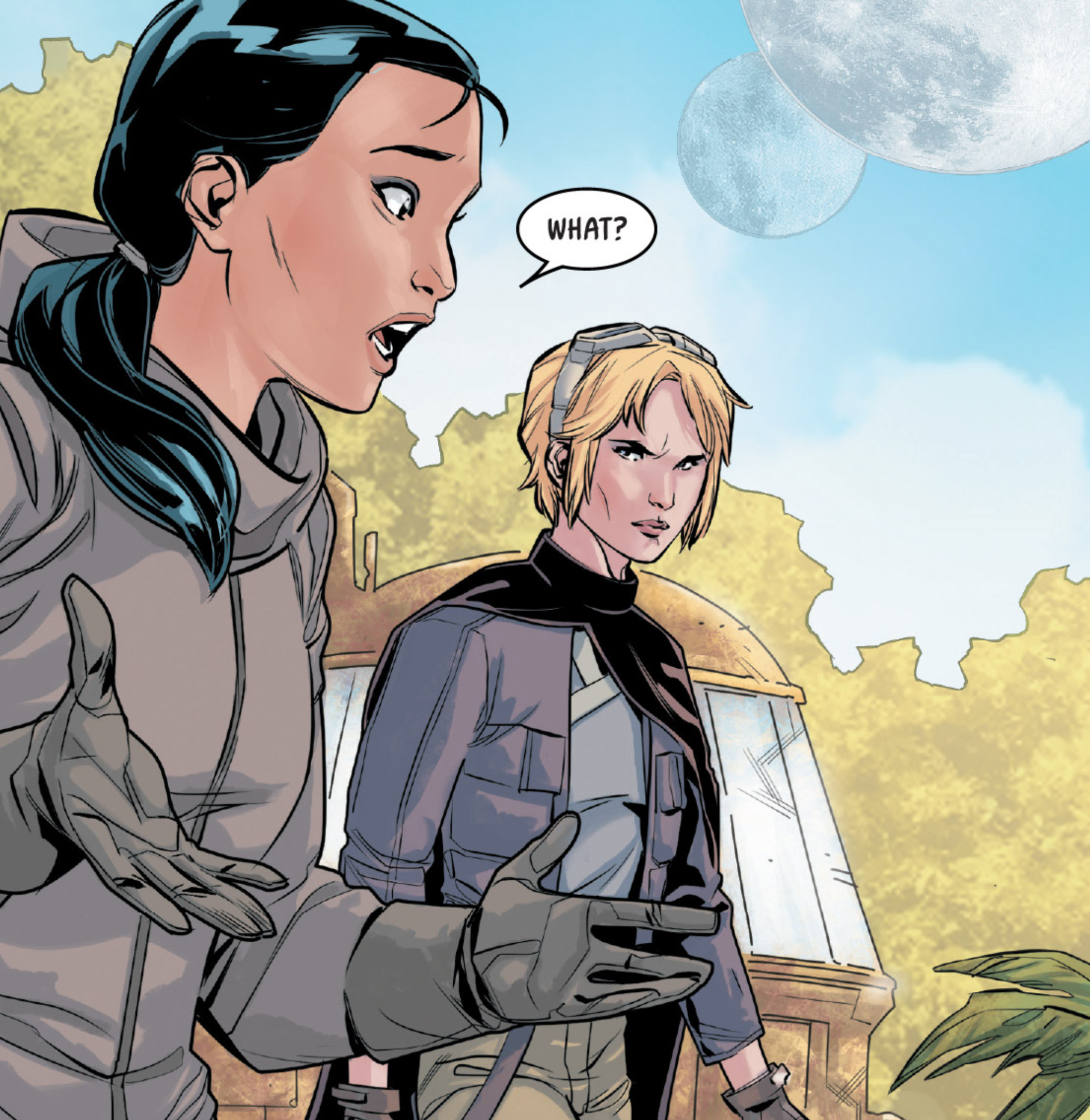 Leia Organa & Evaan Verlaine in a Star Wars comic panel: "What?"