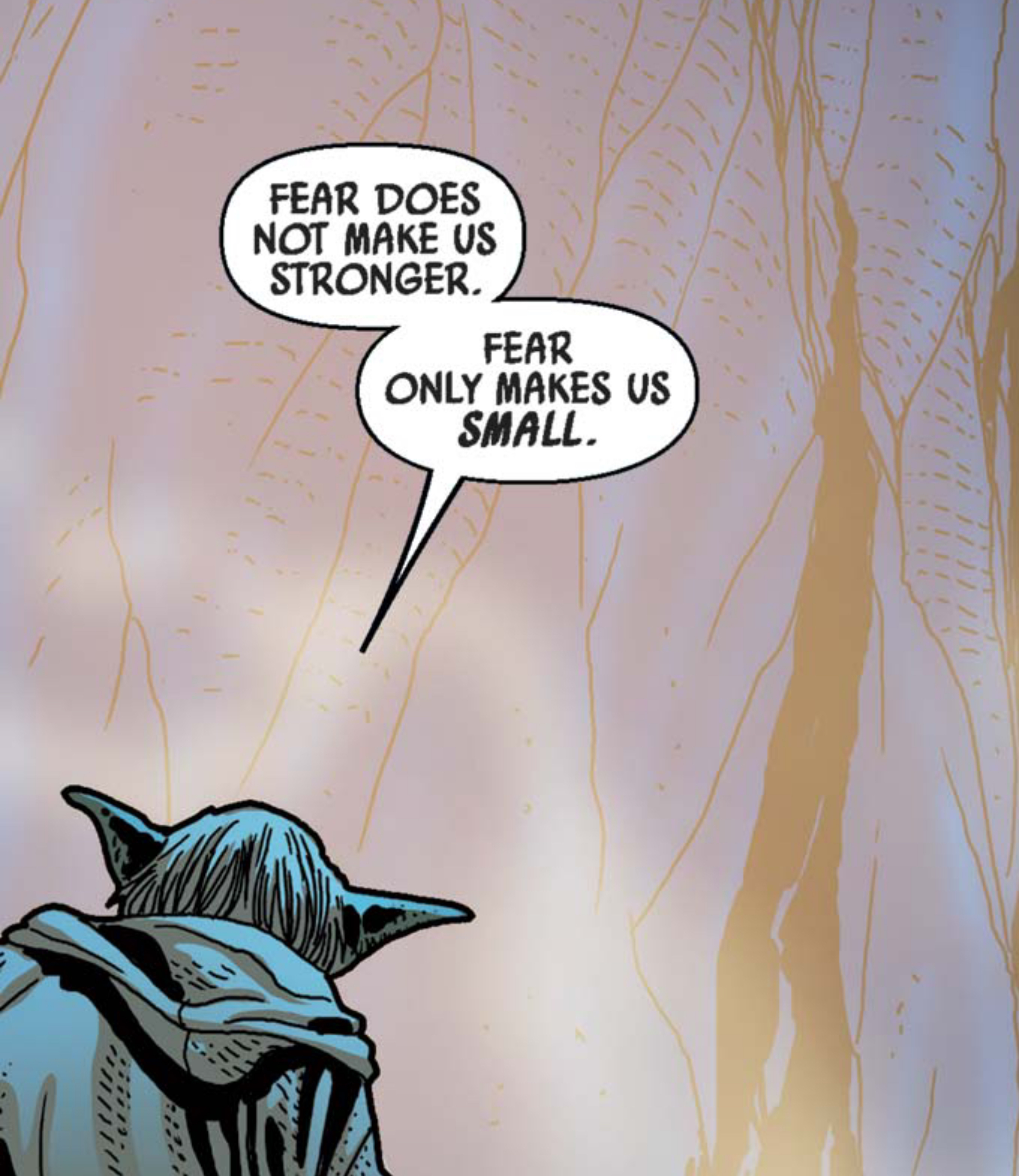 Yoda in a Star Wars comic panel: "Fear does not make us stronger. Fear only makes us small."