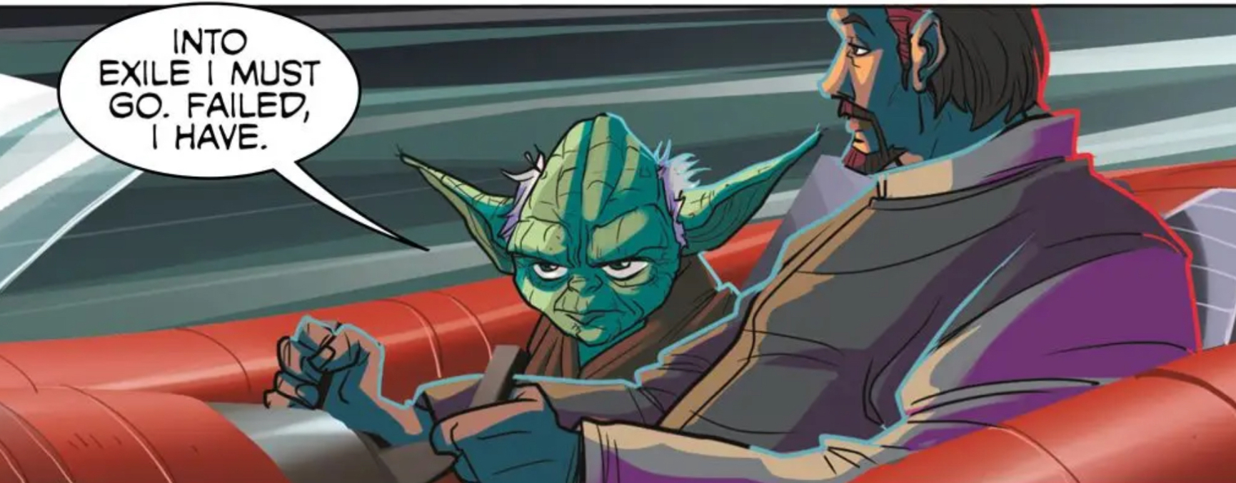 Yoda & Bail Organa in a Star Wars comic panel: "Into exile I must go. Failed, I have."