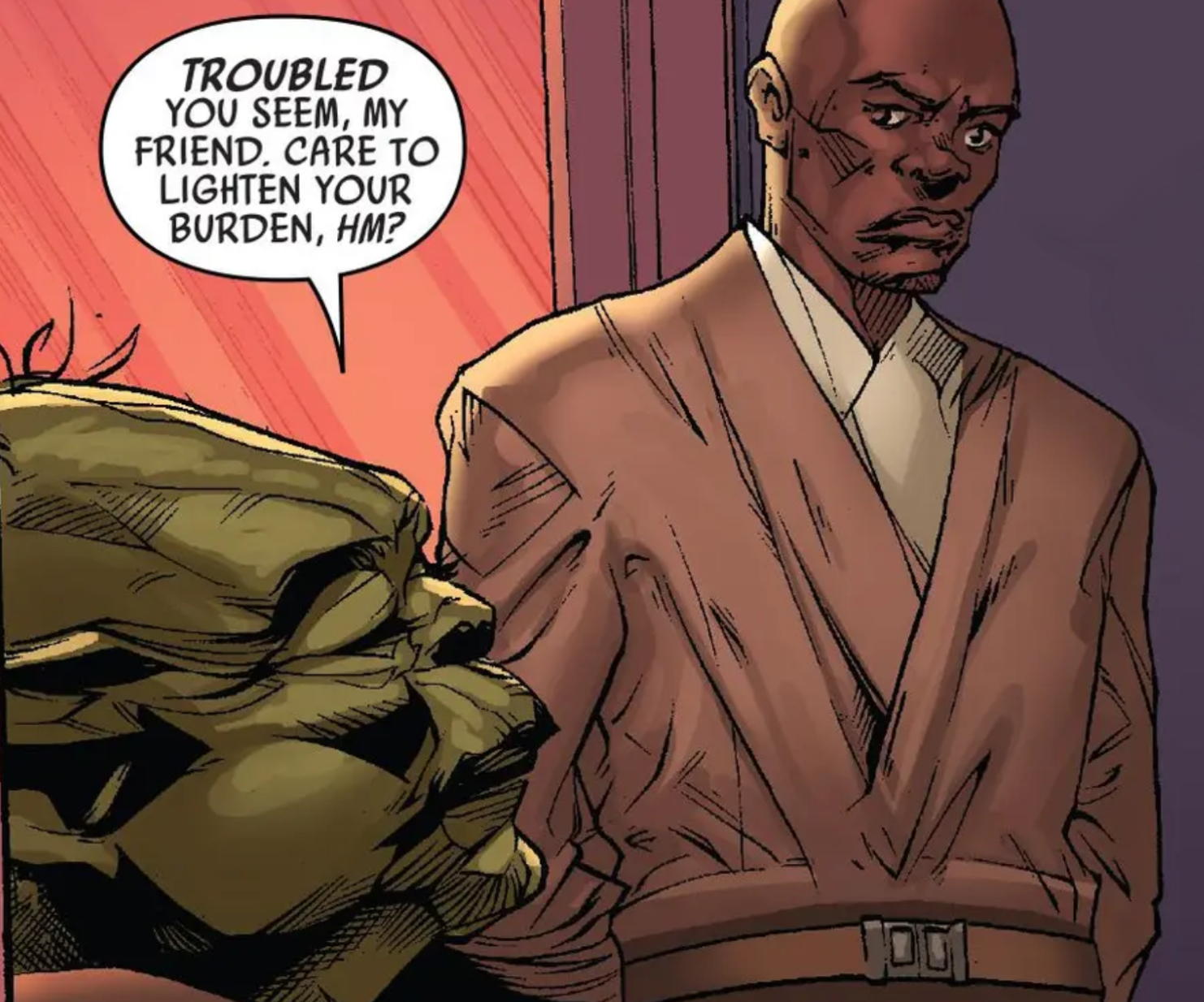 Yoda & Mace Windu in a Star Wars comic panel: "Troubled you seem, my friend. Care to lighten your burden, hm?"