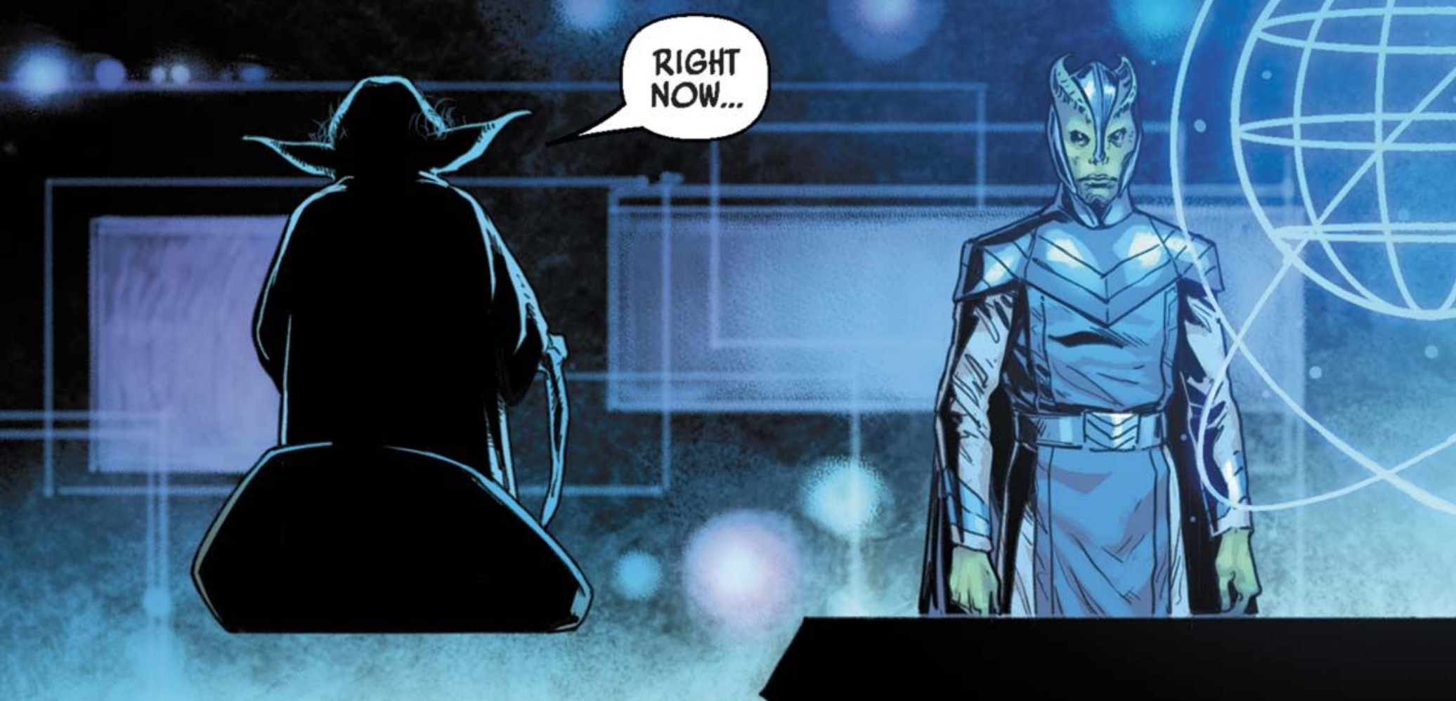 Yoda in a Star Wars comic panel: "Right now..."