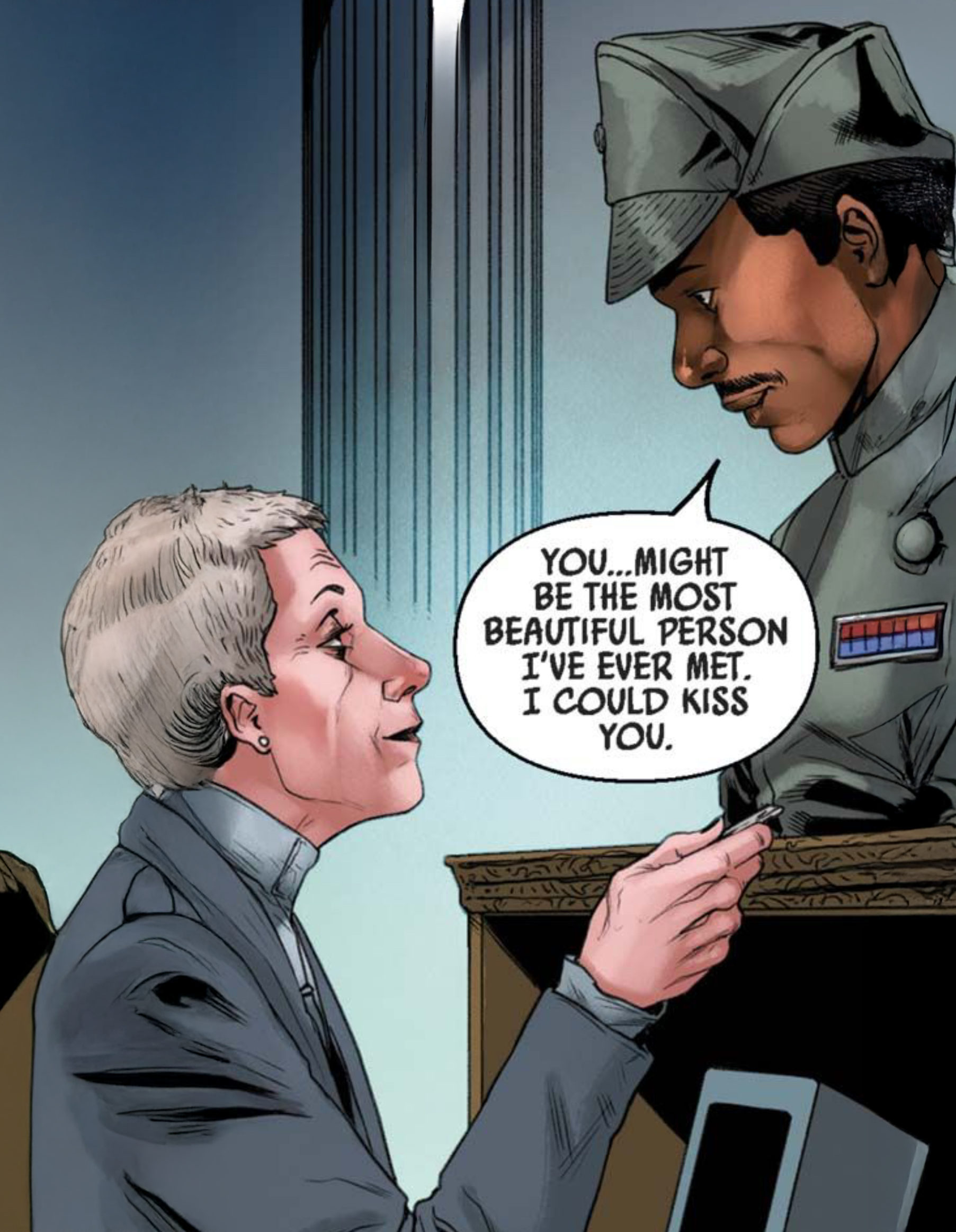 Lando Calrissian in a Star Wars comic panel: "You...might be the most beautiful person I've ever met. I could kiss you."