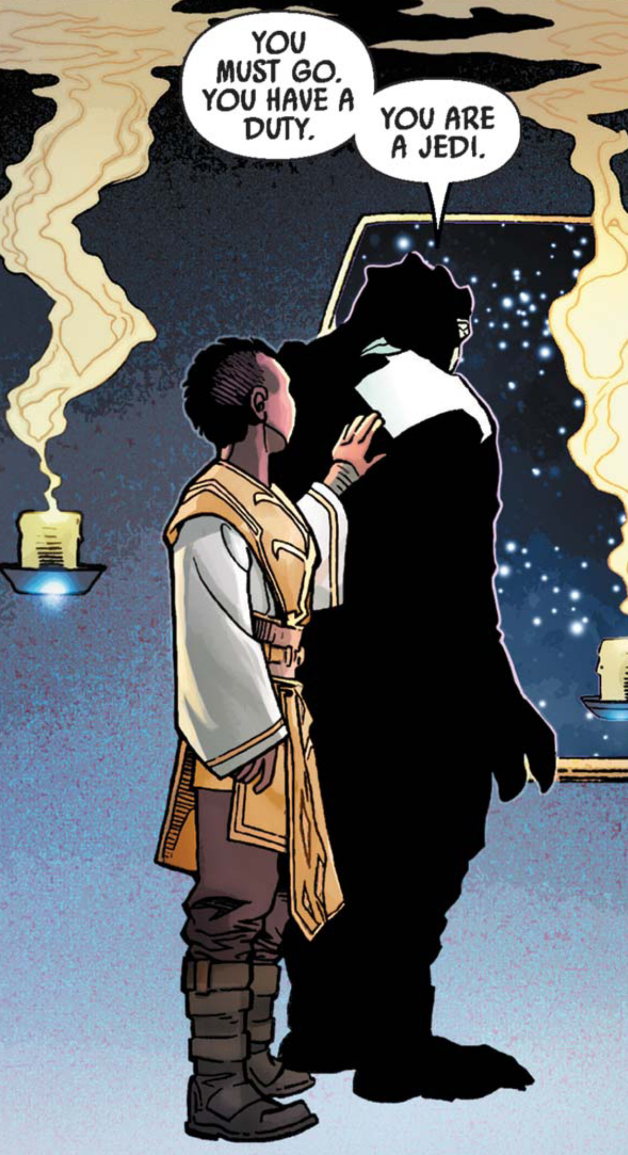 Keeve Trennis & Sskeer in a Star Wars comic panel: "You must go. You have a duty. You are a Jedi."