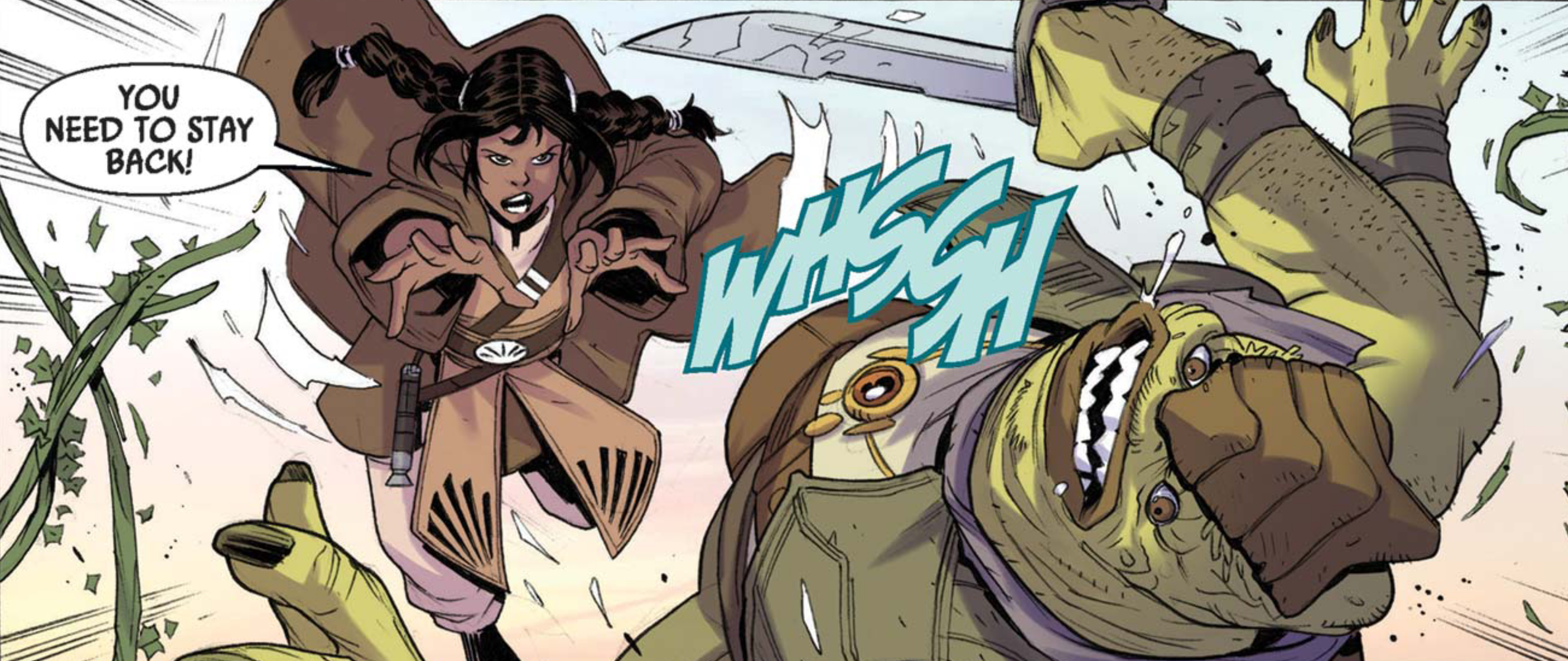 Keeve Trennis & Sskeer in a Star Wars comic panel: "You need to stay back!"