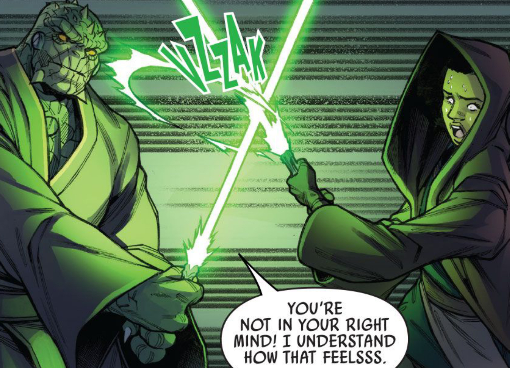 Sskeer & Keeve Trennis in a Star Wars comic panel: "You're not in your right mind! I understand how that feelsss."